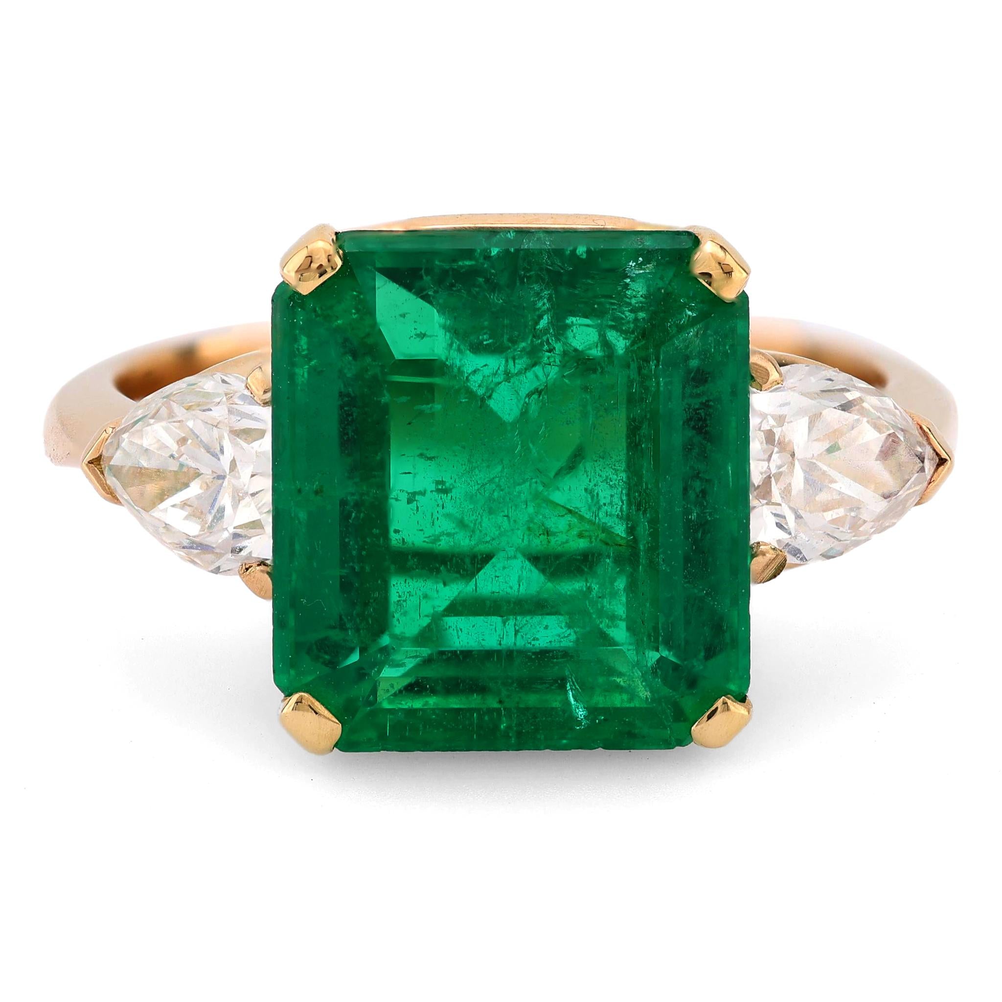 GIA 5.22 carat emerald diamond 18k yellow gold three stone ring