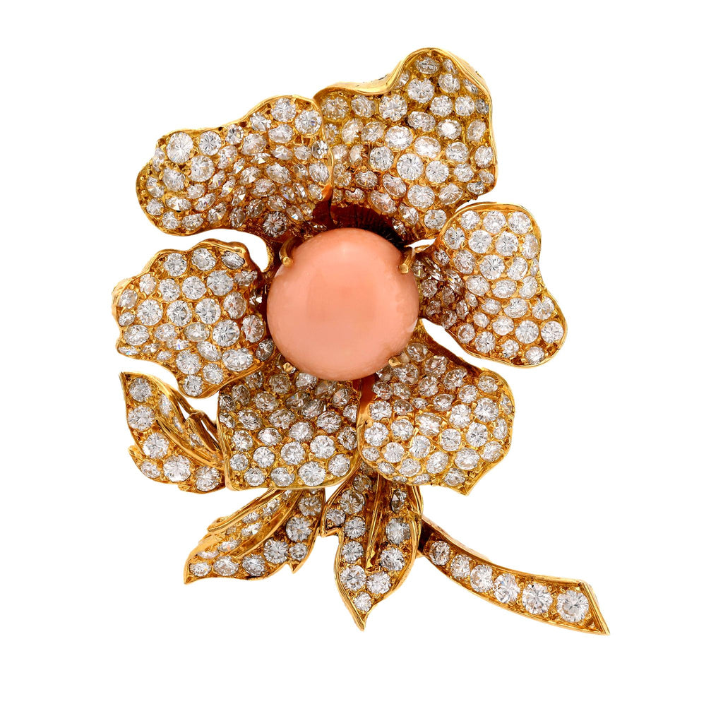 Rare Boucheron Paris natural conch pearl diamond 18k gold flower brooch