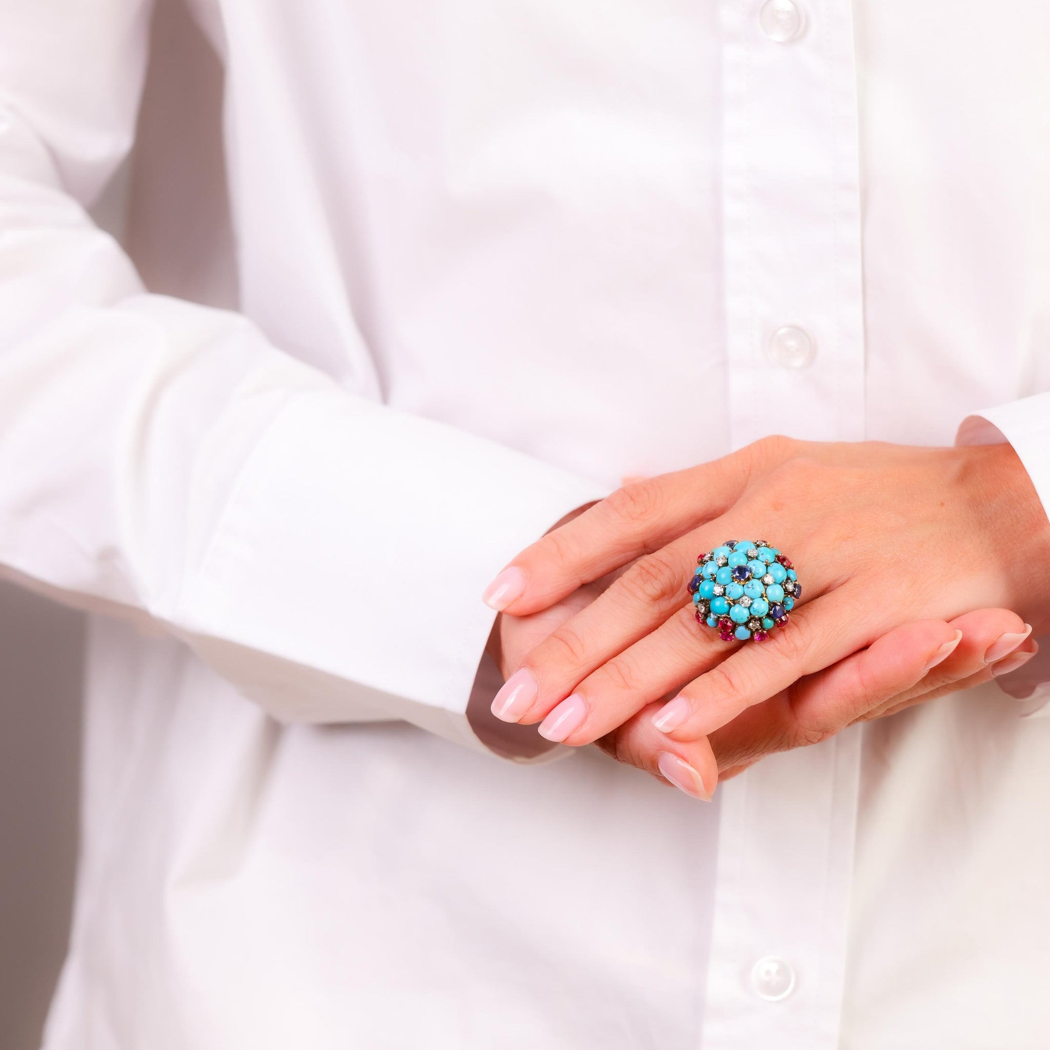 Mid Century turquoise sapphire ruby diamond 14k yellow gold cocktail ring  Jack Weir & Sons   