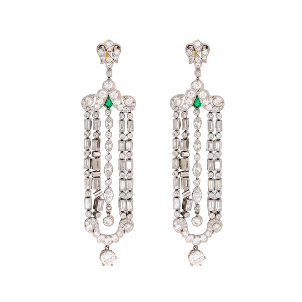 Art Deco inspired 9.2 carat diamond emerald platinum chandelier earrings  Jack Weir & Sons