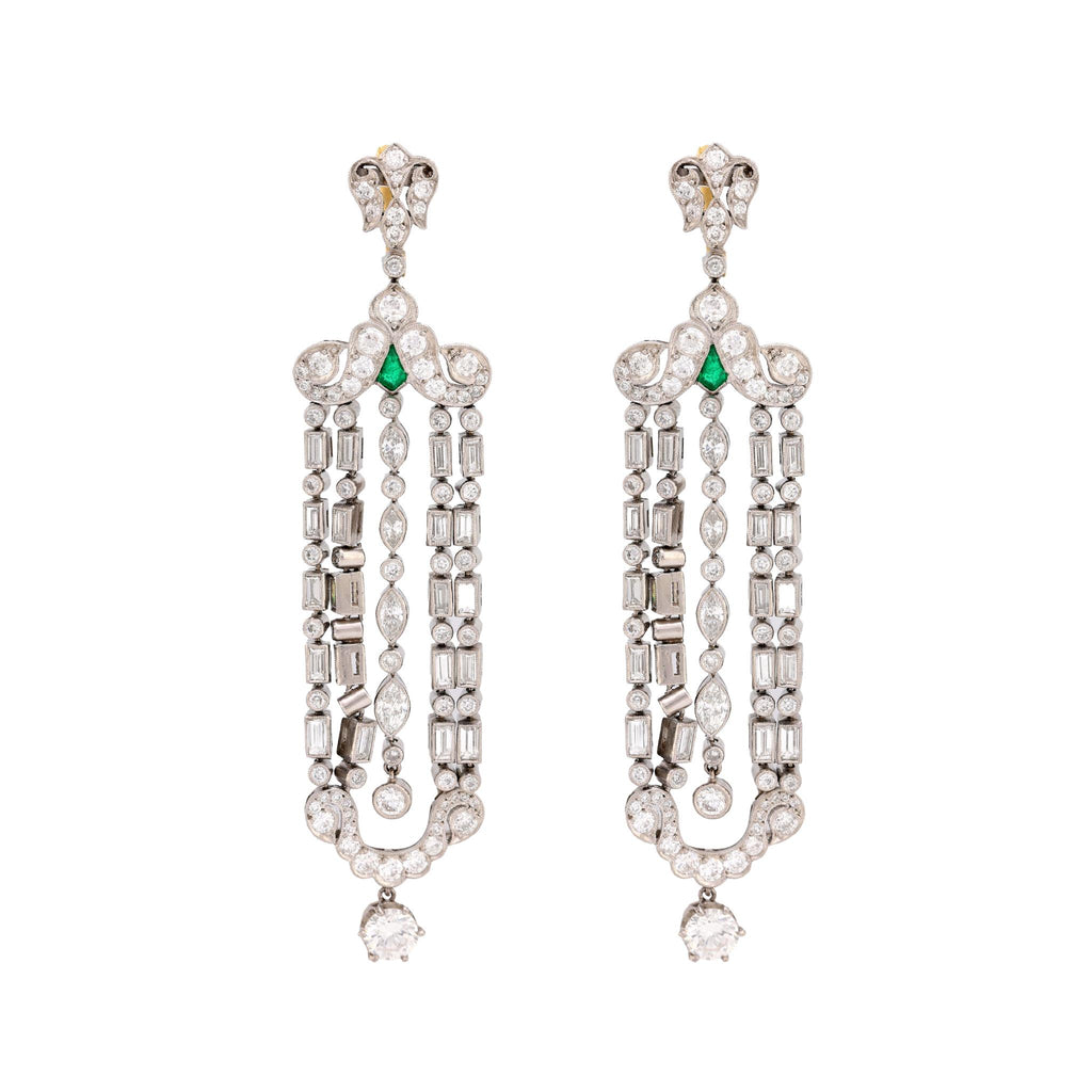 Art Deco inspired 9.2 carat diamond emerald platinum chandelier earrings  Jack Weir & Sons   