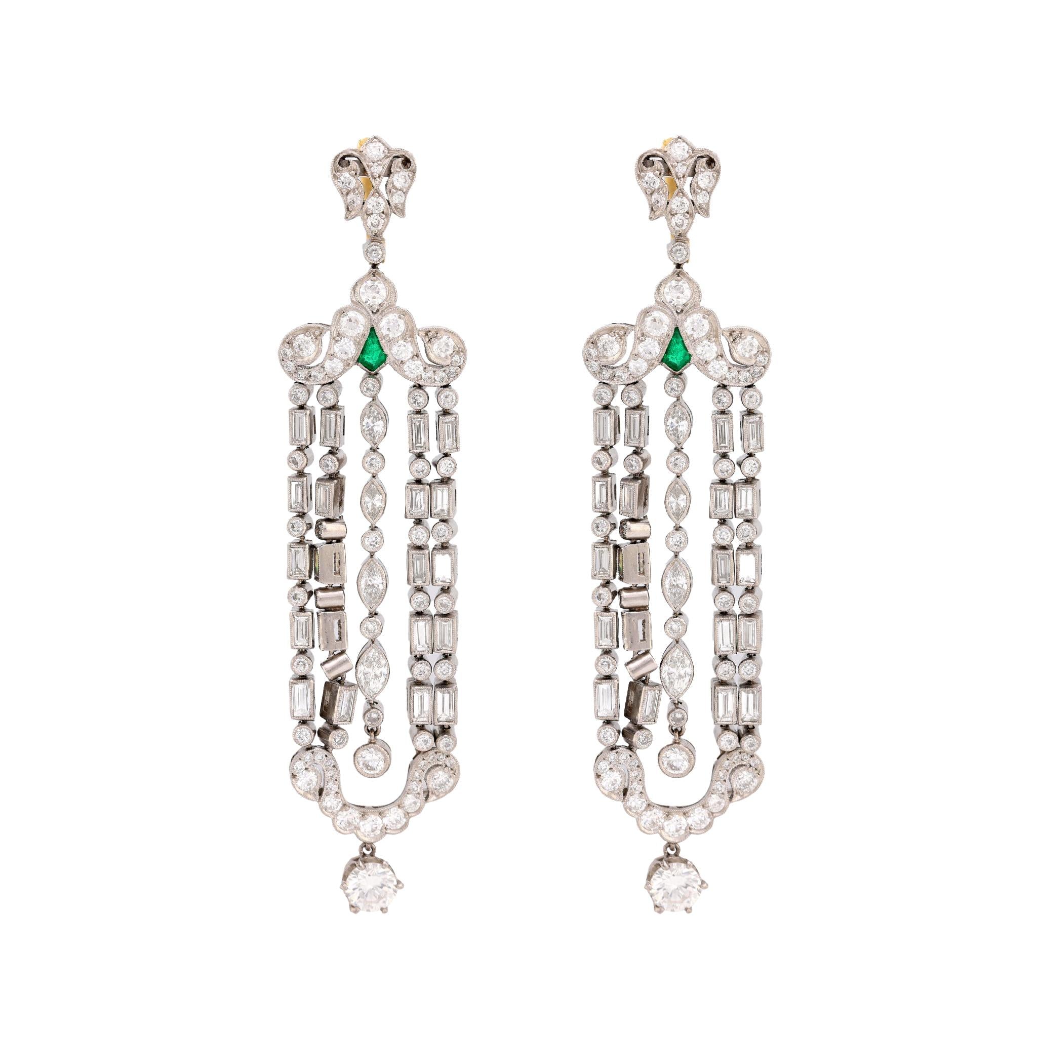 Art Deco inspired 9.2 carat diamond emerald platinum chandelier earrings  Jack Weir & Sons   