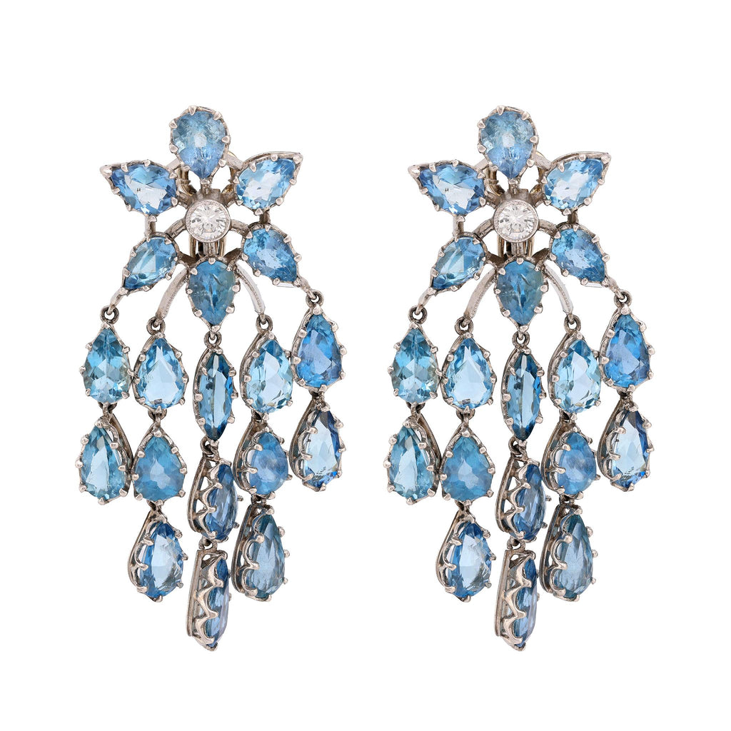 Mid Century inspired 14 carat aquamarine diamond chandelier earrings  Jack Weir & Sons   