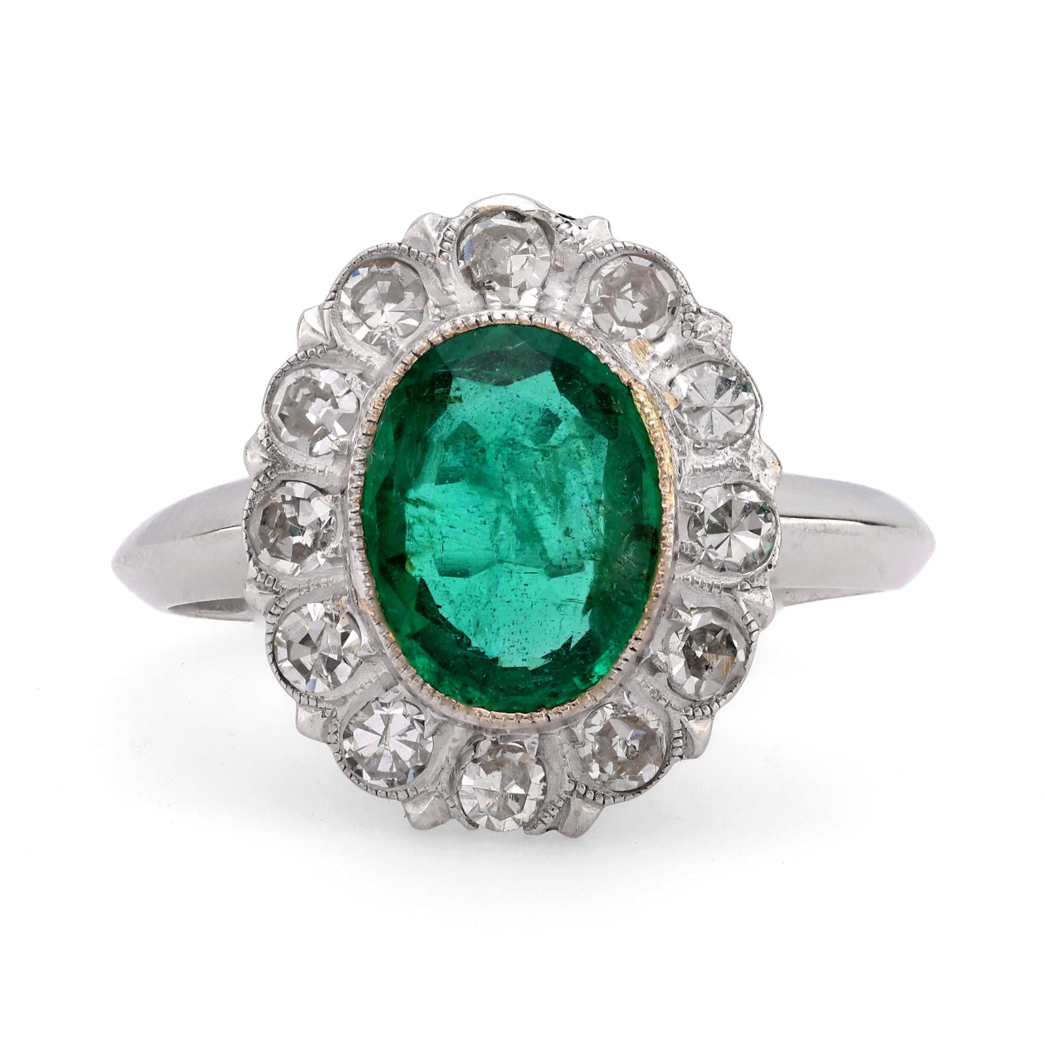 Mid Century 1.25 carat emerald diamond 10k white gold cluster ring