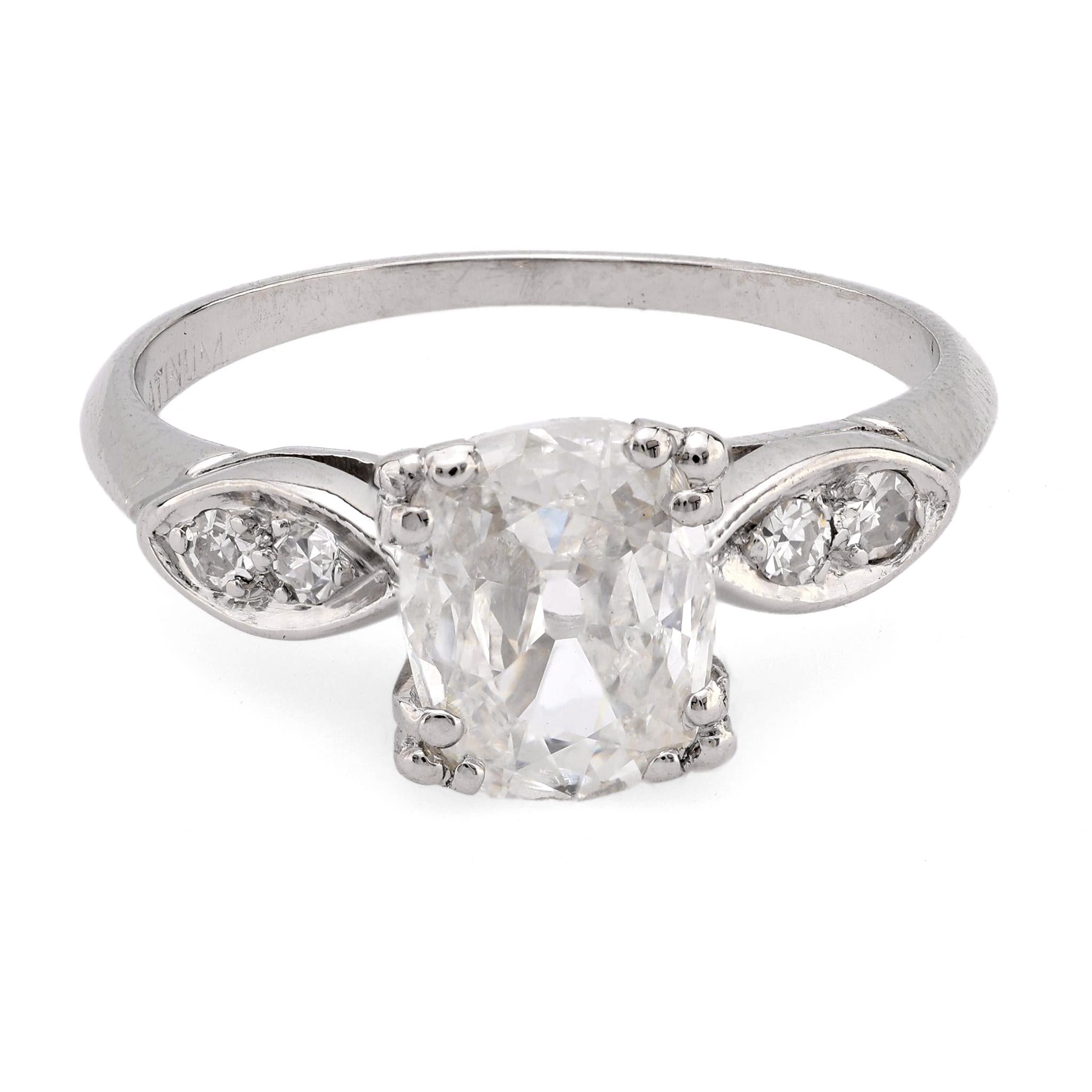 Art Deco GIA 1.51 carat cushion cut platinum solitaire engagement ring