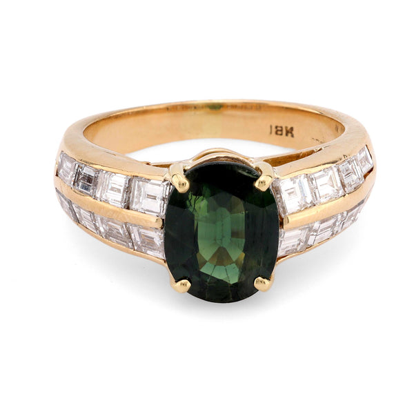 Vintage 2.10 carat green sapphire diamond 18k yellow gold ring