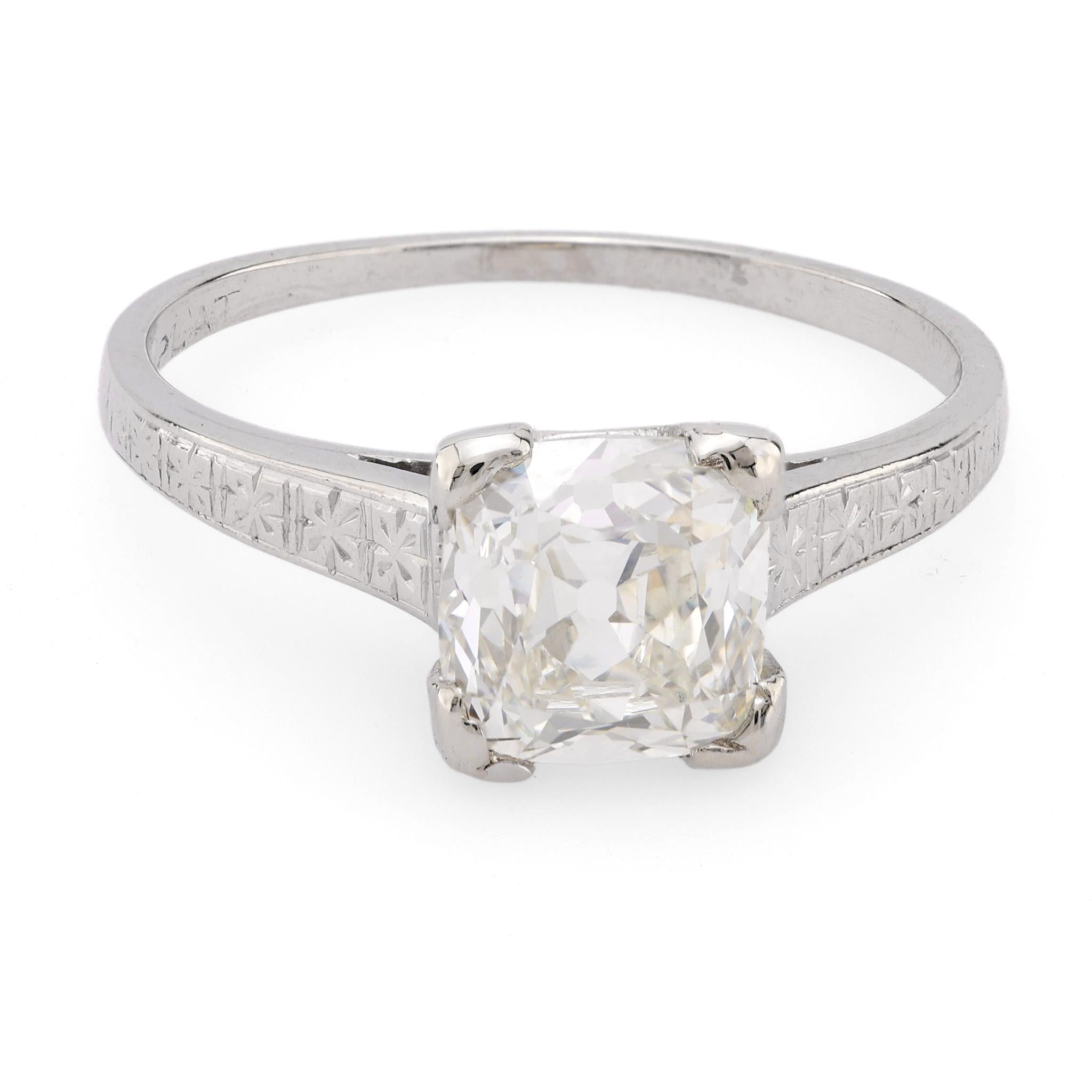 Art Deco GIA 1.51 carat cushion cut platinum solitaire engagement ring Jack Weir & Sons