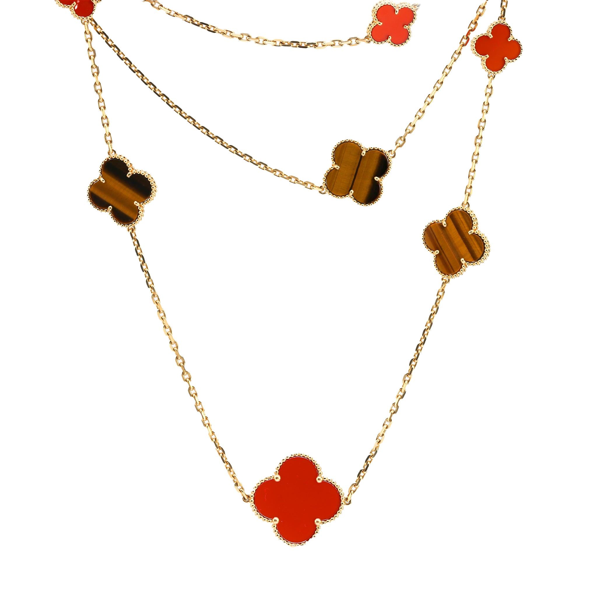 Van Cleef & Arpels French carnelian tiger eye 18k gold "Magic Alhambra" necklace