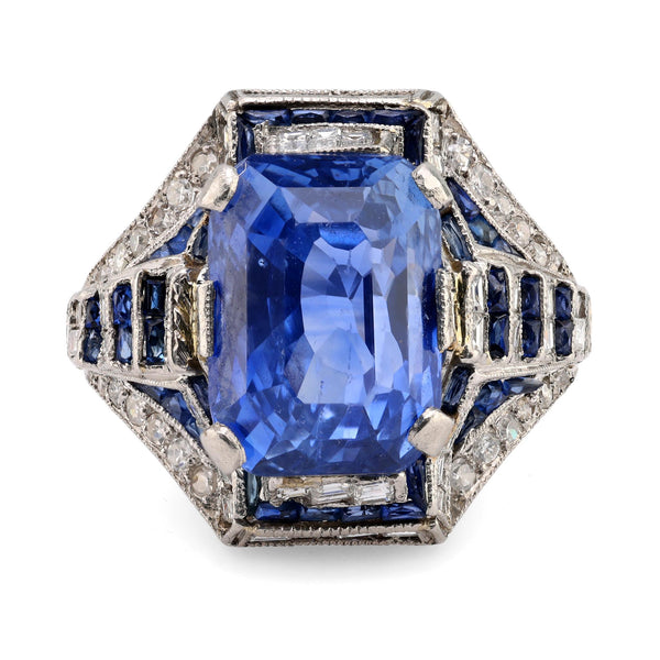 Art Deco French GIA 7.86 carat no heat sapphire diamond platinum ring Jack Weir & Sons