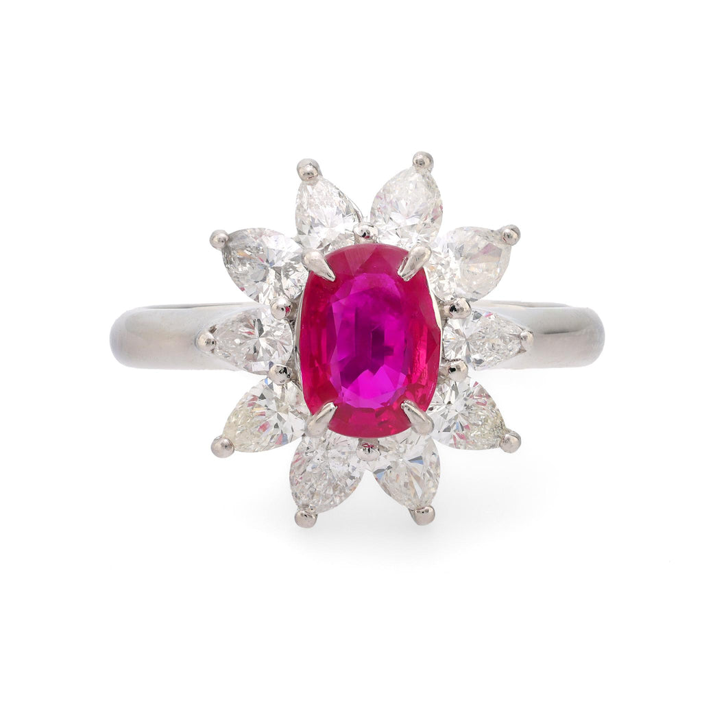 Modern ruby diamond platinum cluster ring Jack Weir & Sons