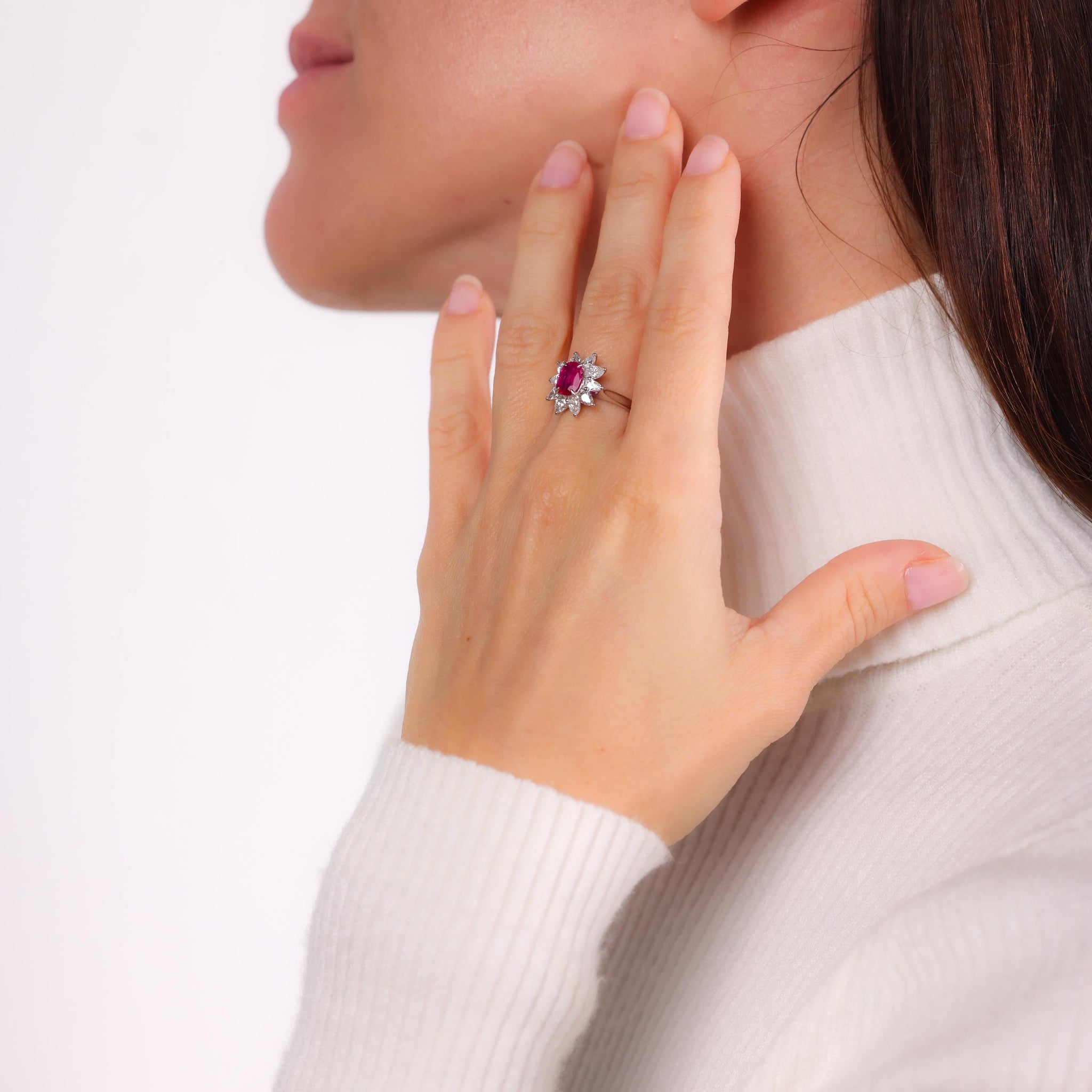 Modern ruby diamond platinum cluster ring Jack Weir & Sons