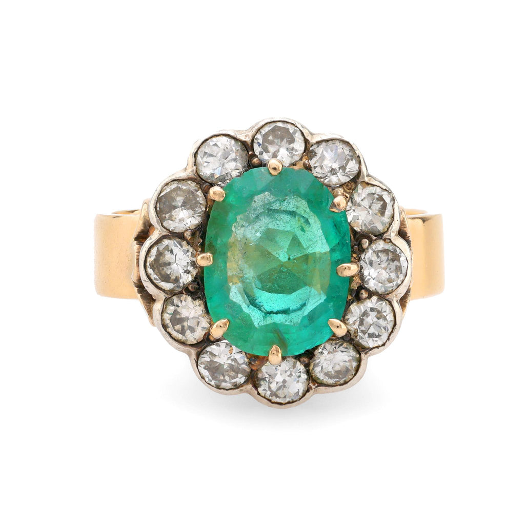 Antique style GIA 1.70 carat emerald diamond 14k yellow gold silver cluster ring Jack Weir & Sons