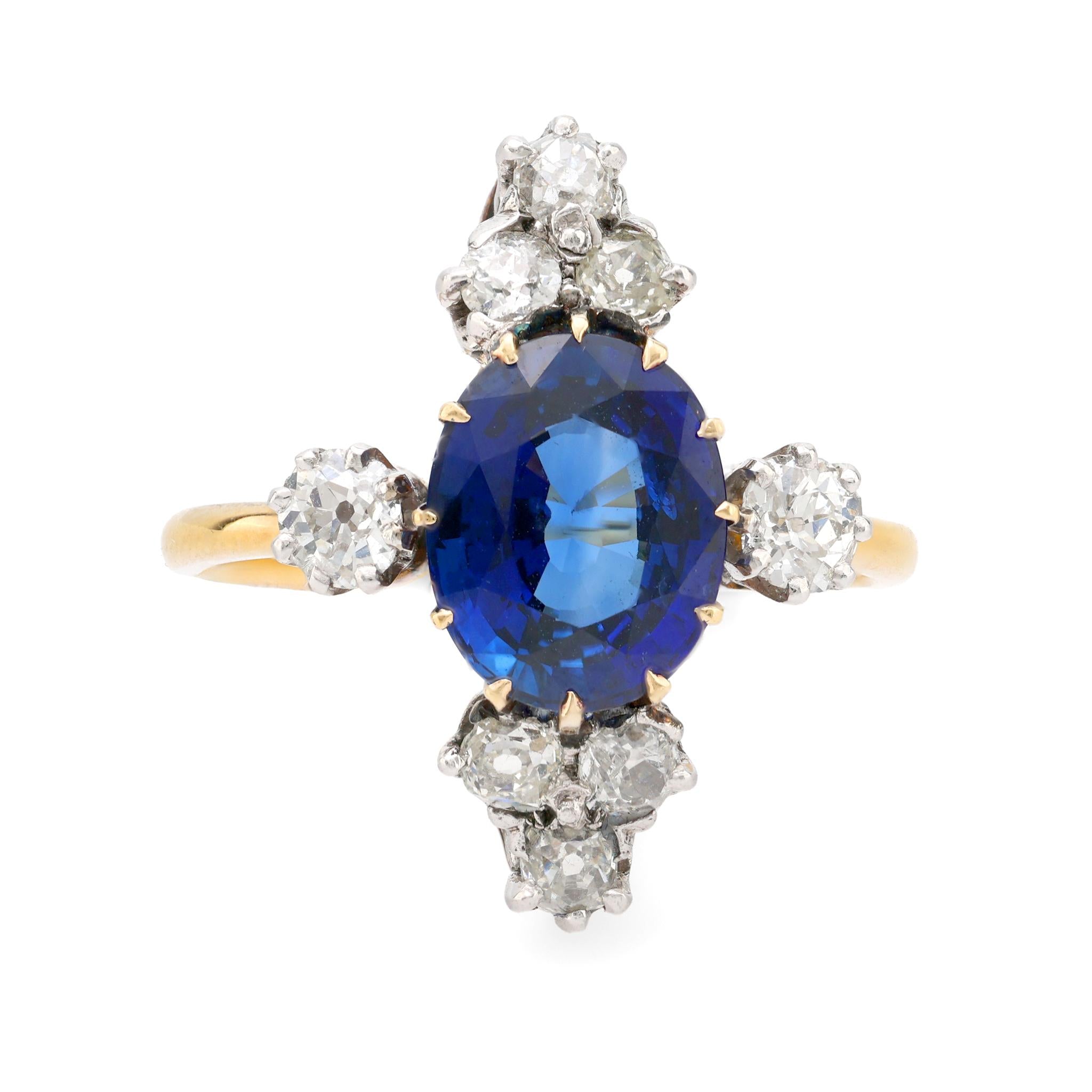 Antique GIA 4 carat sapphire diamond 18k yellow gold cocktail ring