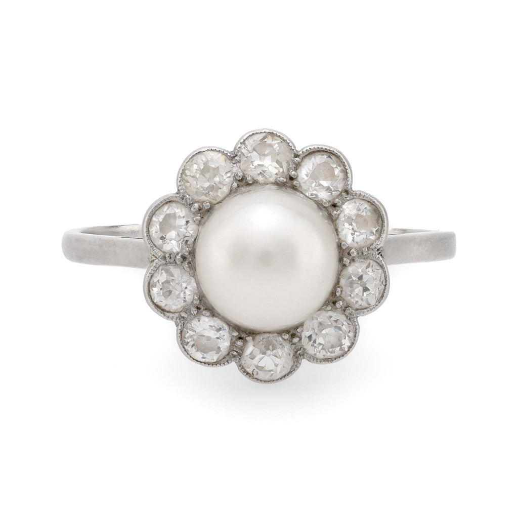 Edwardian natural pearl diamond platinum cluster ring Jack Weir & Sons