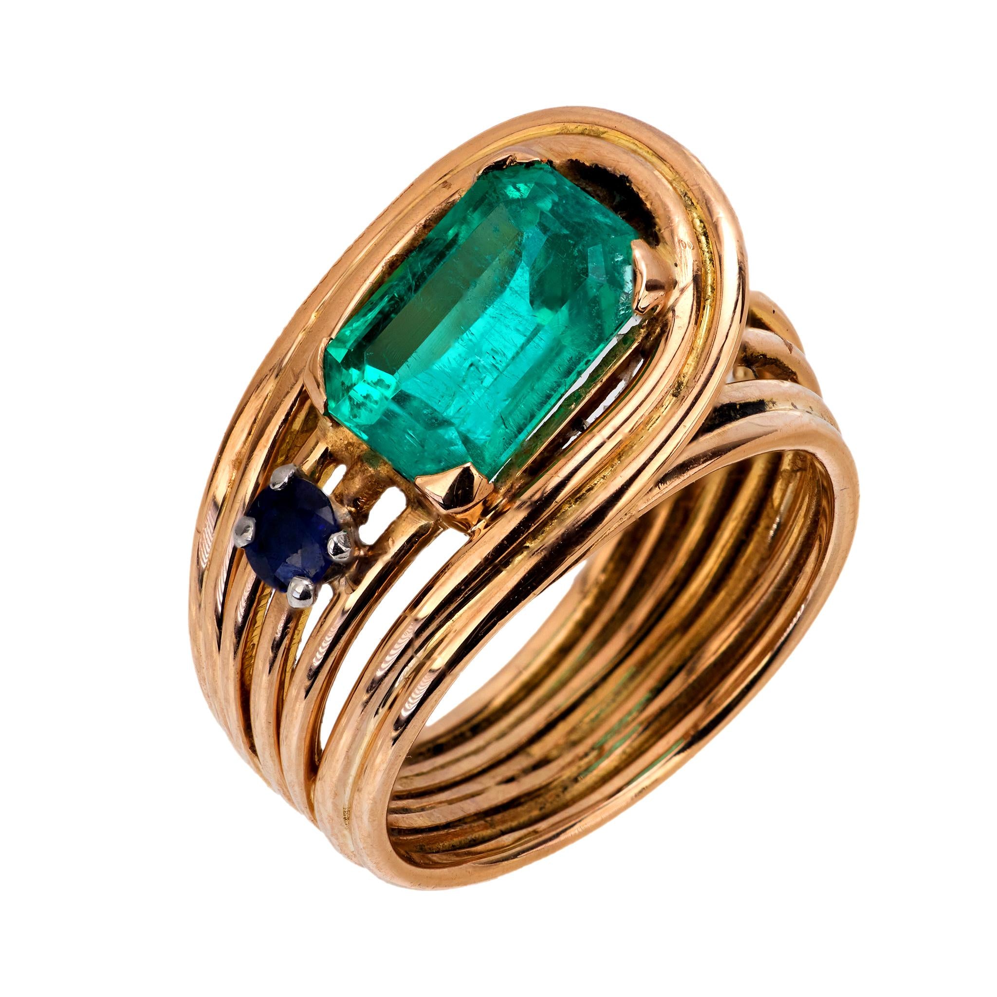 Retro emerald sapphire 18k rose gold cocktail ring Jack Weir & Sons