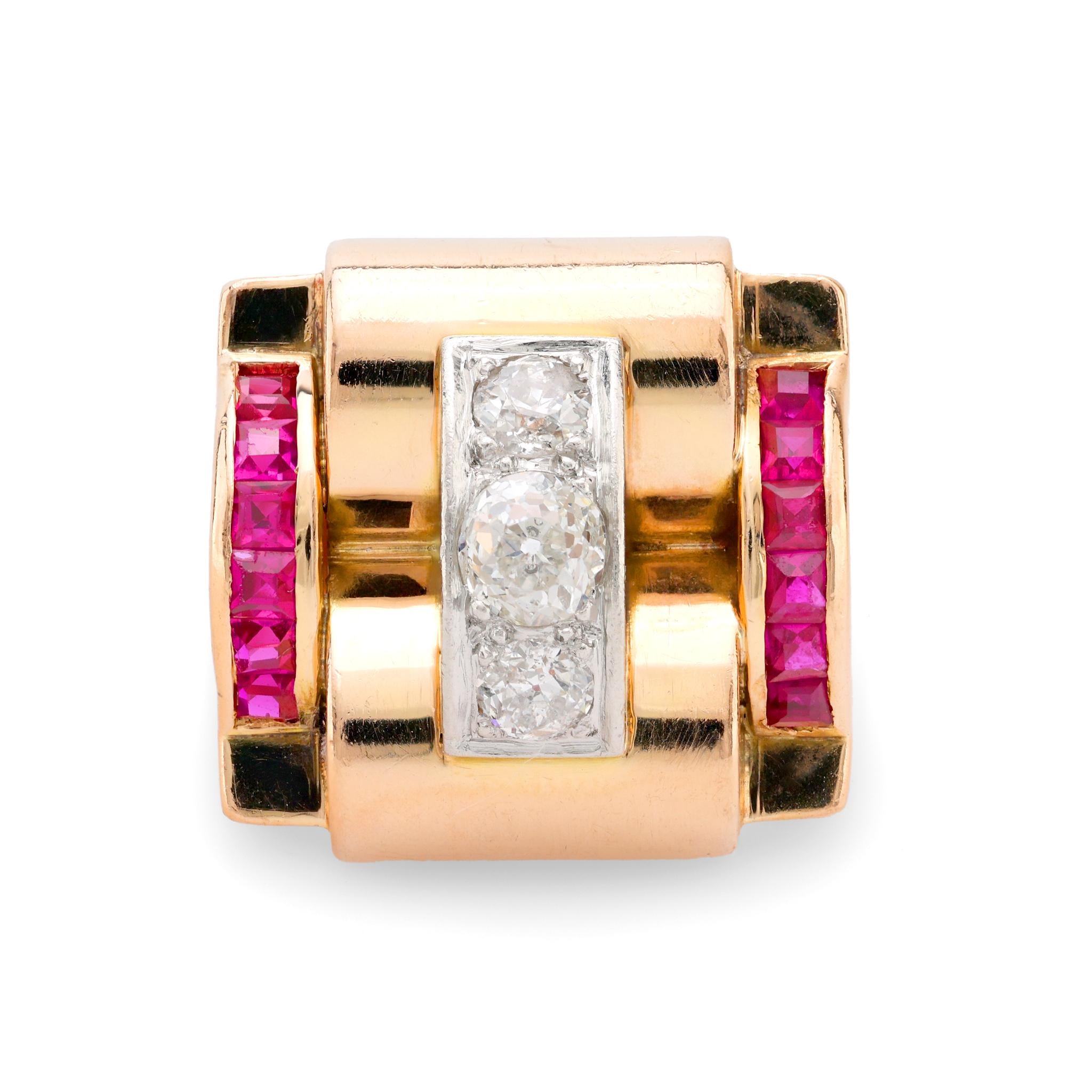 French retro 18k rose gold diamond synthetic ruby tank ring Jack Weir & Sons