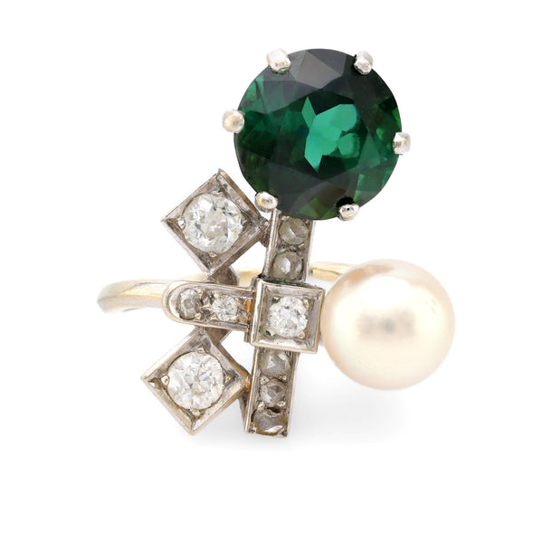 Mid Century French 4.60 carat green tourmaline pearl diamond 18k gold ring Jack Weir & Sons