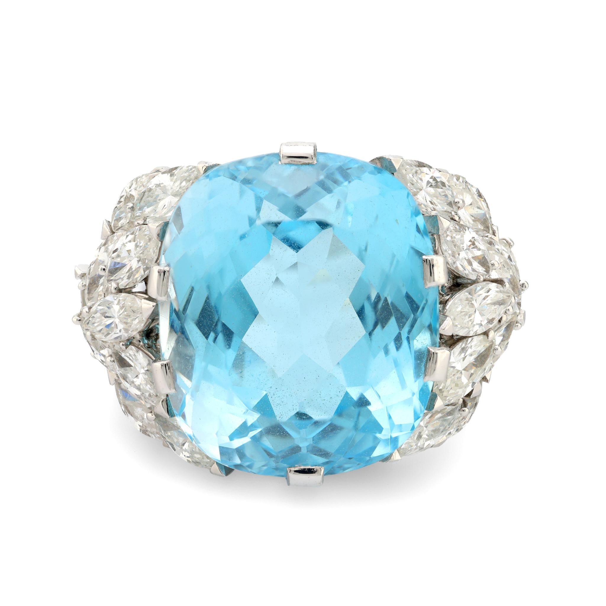 Mid Century French 22 carat aquamarine diamond 18k white gold cocktail ring Jack Weir & Sons