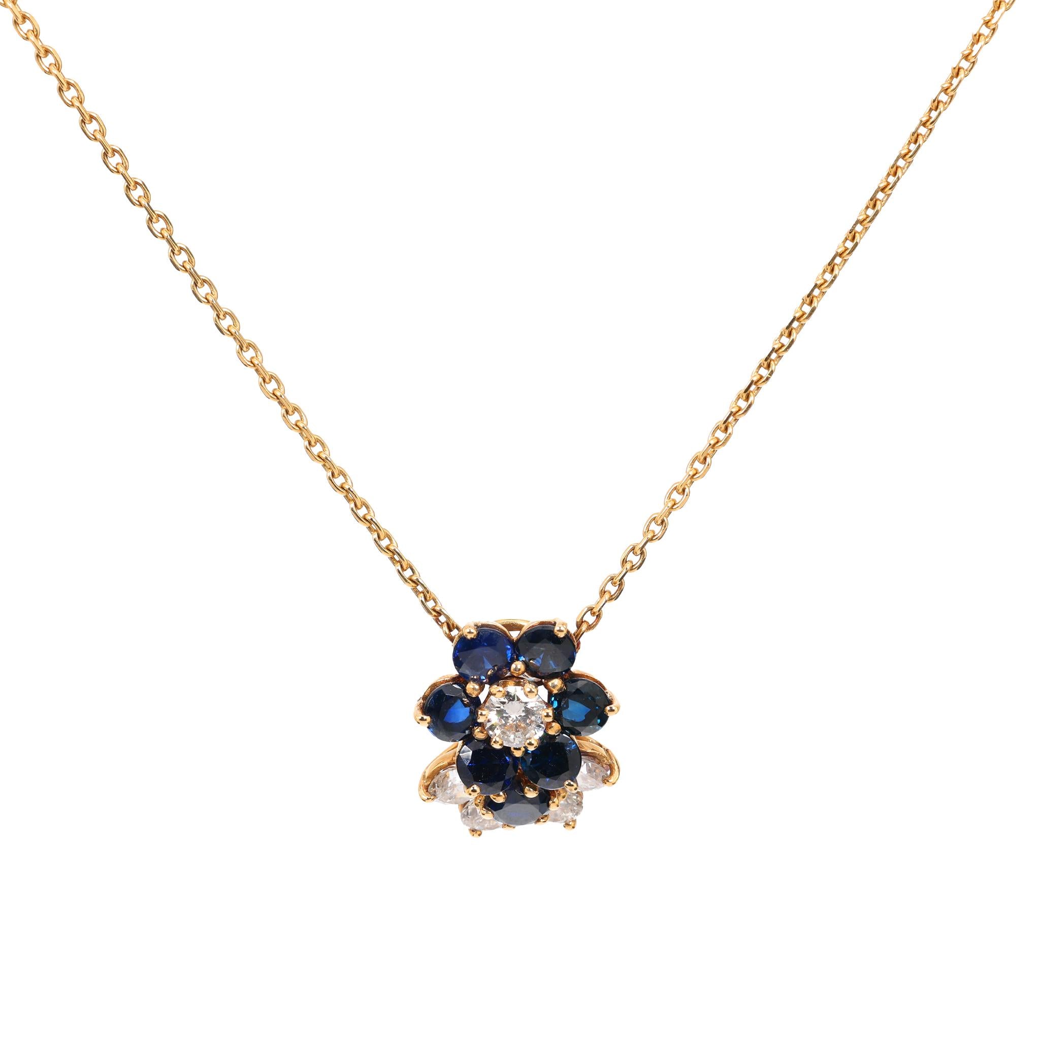 Mauboussin French sapphire diamond 18k yellow gold flower necklace Mauboussin