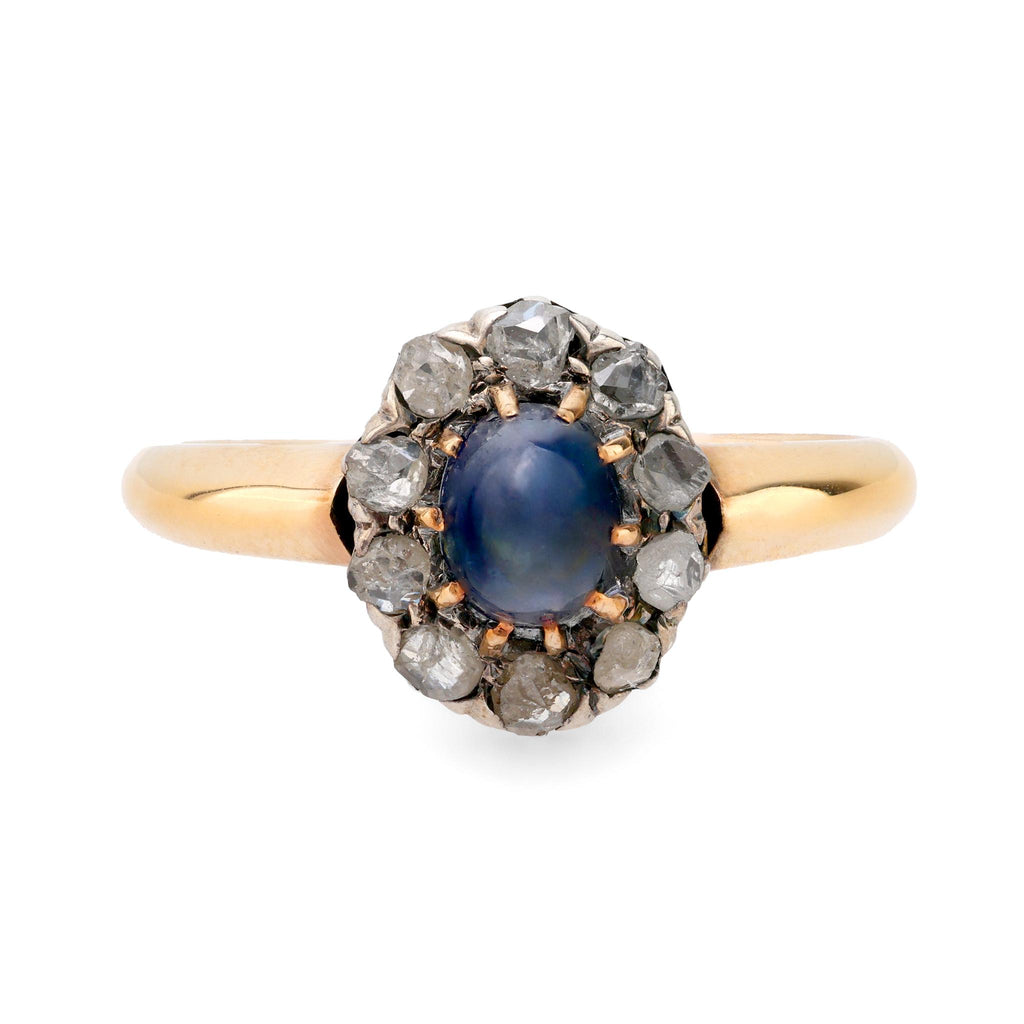 Antique French cabochon sapphire diamond 18k yellow gold silver cluster ring Jack Weir & Sons