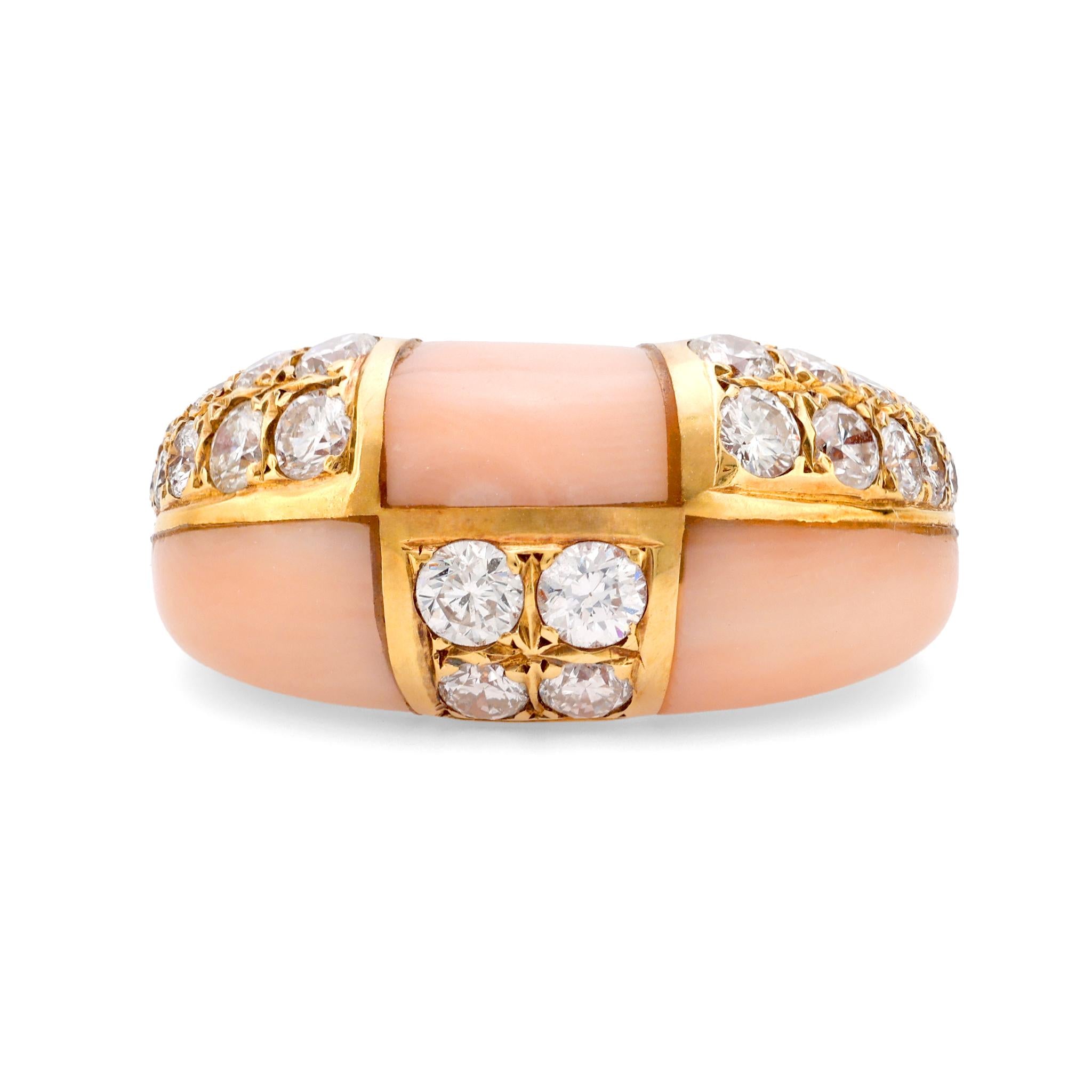 Van Cleef & Arpels French diamond pink coral 18k yellow gold ring Van Cleef & Arpels