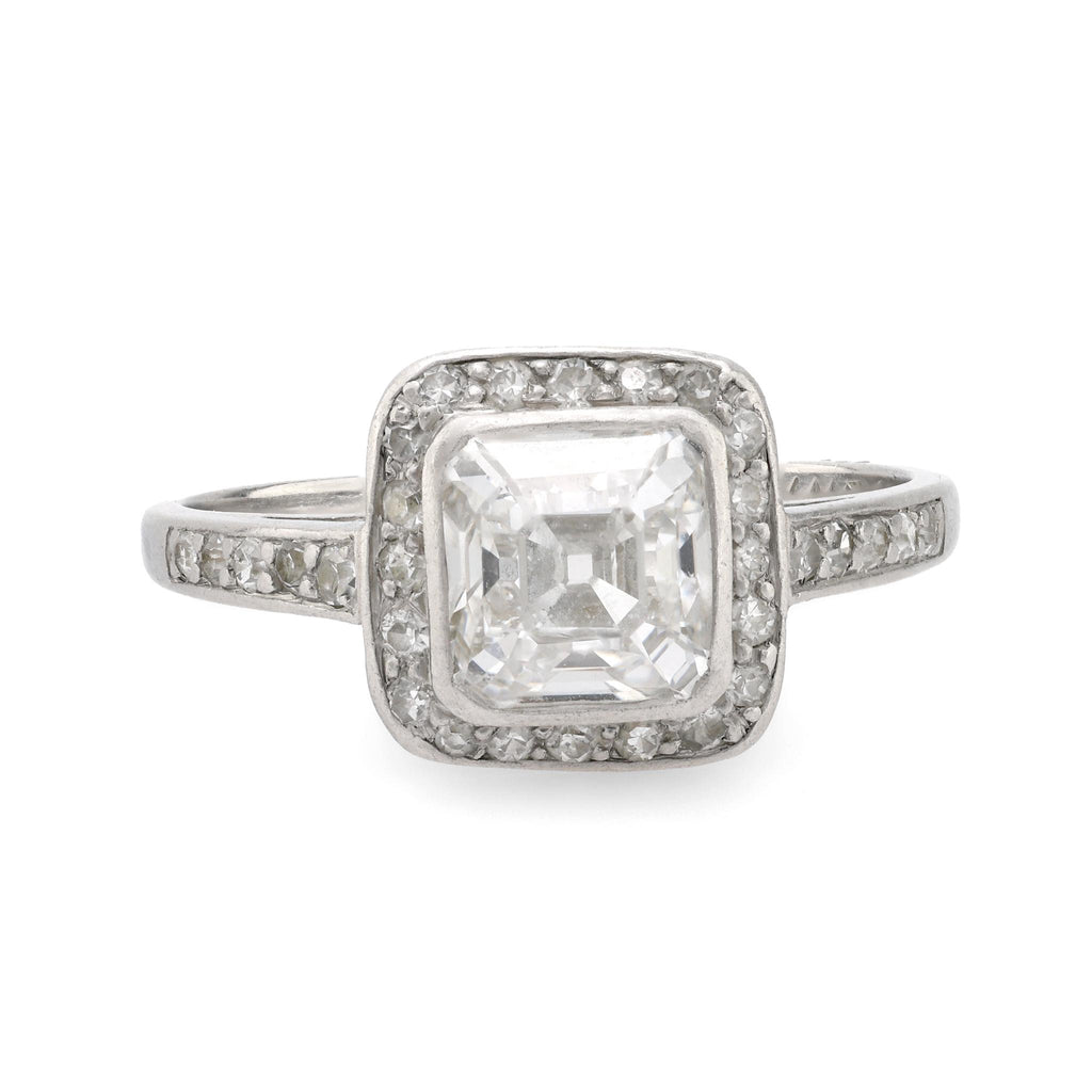 Art Deco old Asscher cut diamond platinum halo ring Jack Weir & Sons