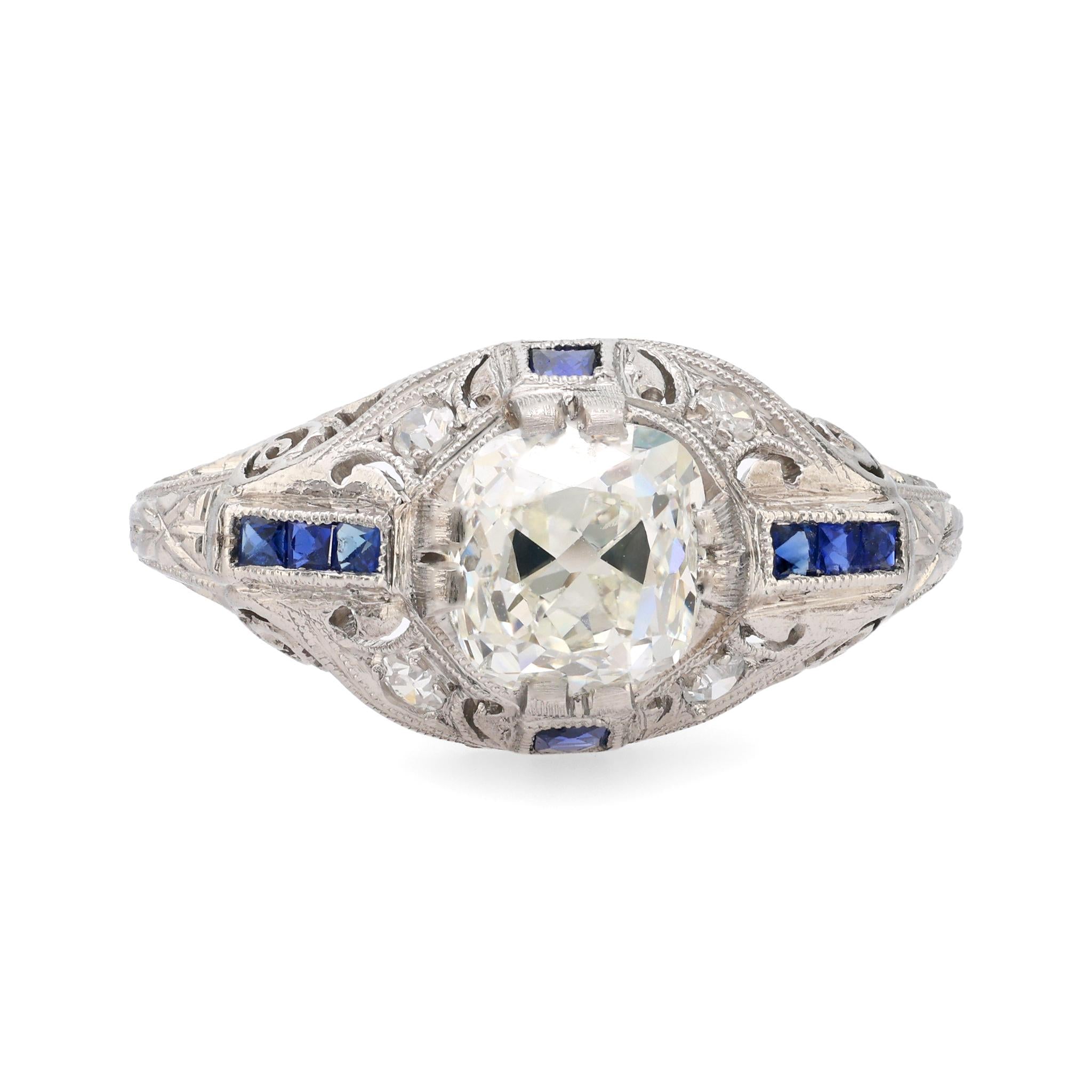 Art Deco GIA 1.14 carat old mine cut diamond sapphire platinum ring Jack Weir & Sons