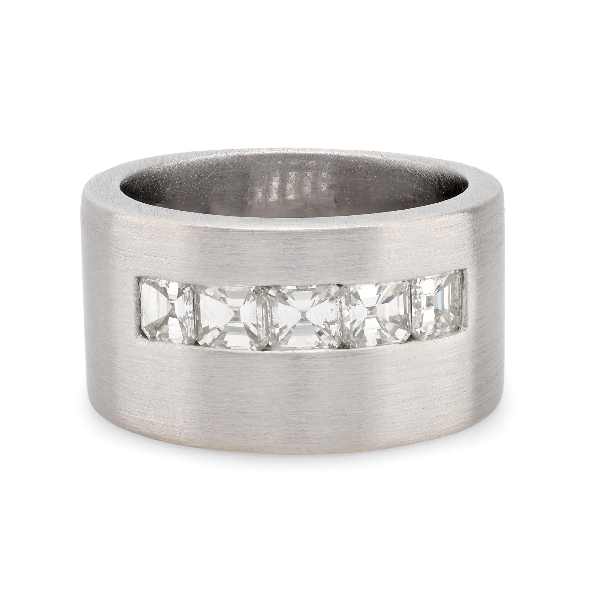 Contemporary Asscher cut diamond 18k white gold cigar band Jack Weir & Sons