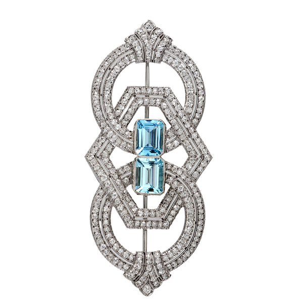 Art Deco French 3.60 carat aquamarine 4.60 carat diamond platinum brooch Jack Weir & Sons