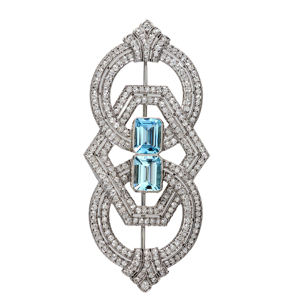 Art Deco French 3.60 carat aquamarine 4.60 carat diamond platinum brooch Jack Weir & Sons