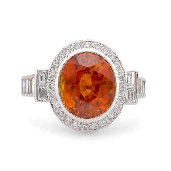 GIA 7.5 carat orange sapphire diamond platinum cocktail ring Jack Weir & Sons