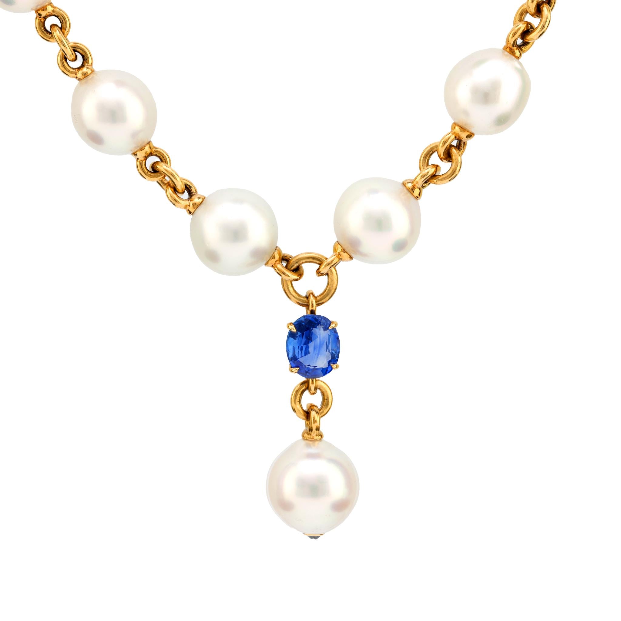 Verdura 5.60 carat sapphire south sea pearl 18k yellow gold Y drop necklace