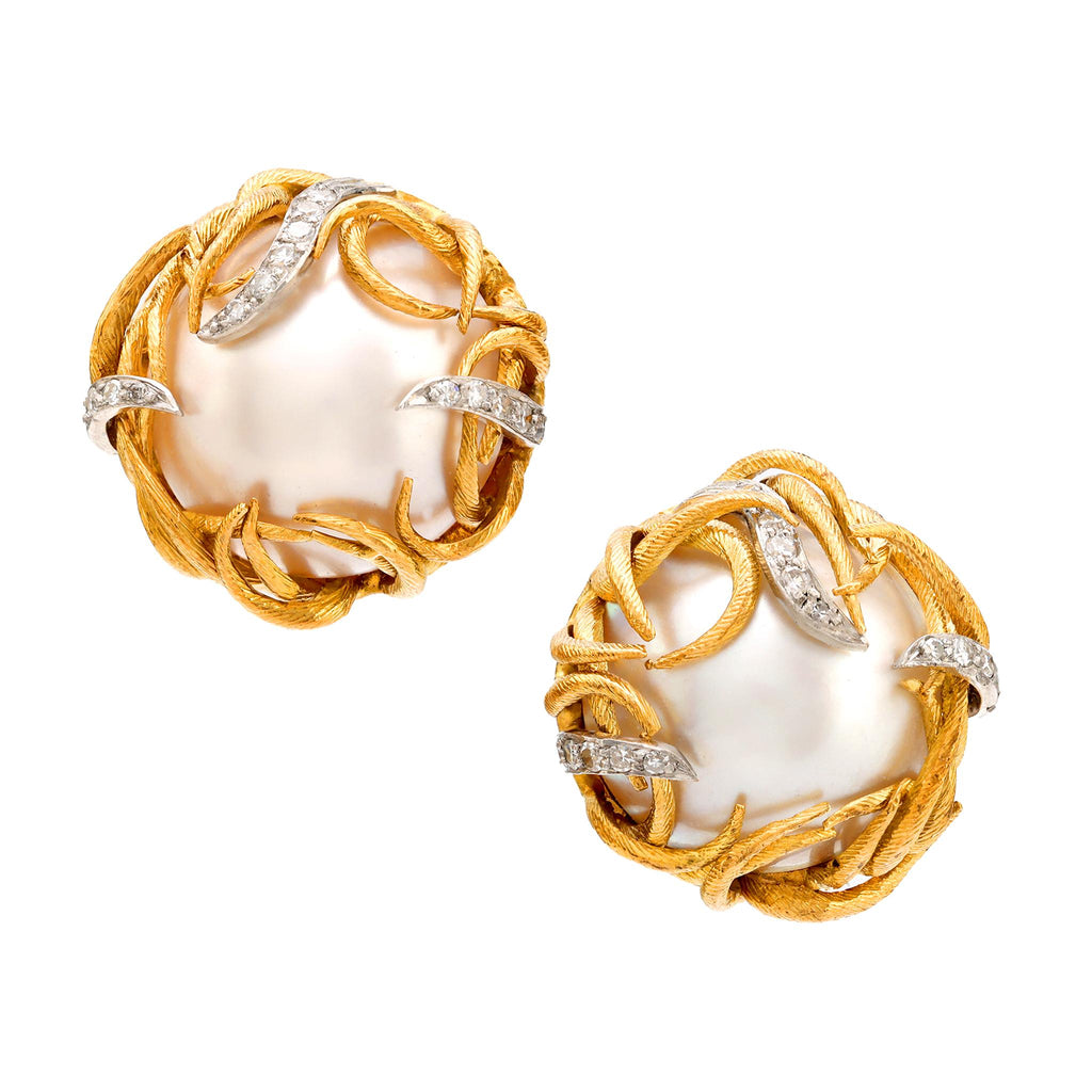 Mid Century Mabé pearl diamond 18k yellow gold clip on earrings Jack Weir & Sons