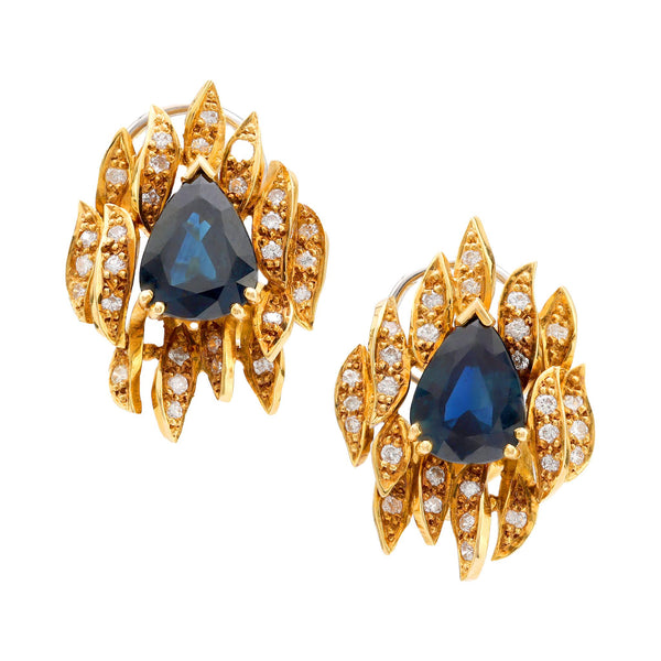 Vintage 4.20 carat total weight sapphire diamond 18k yellow gold earrings Jack Weir & Sons