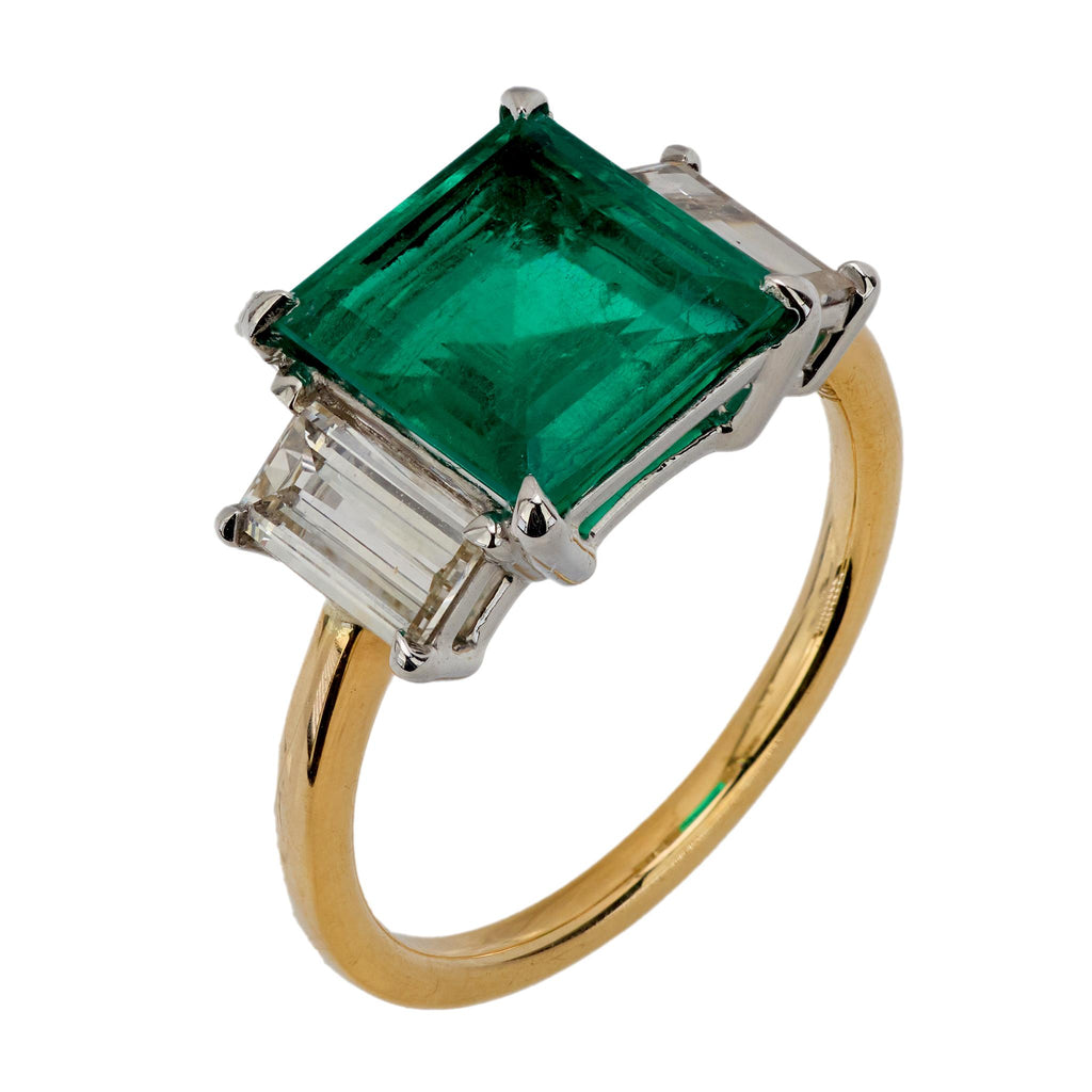 GIA 3.10 carat Colombian emerald diamond 18k yellow gold three stone ring Jack Weir & Sons