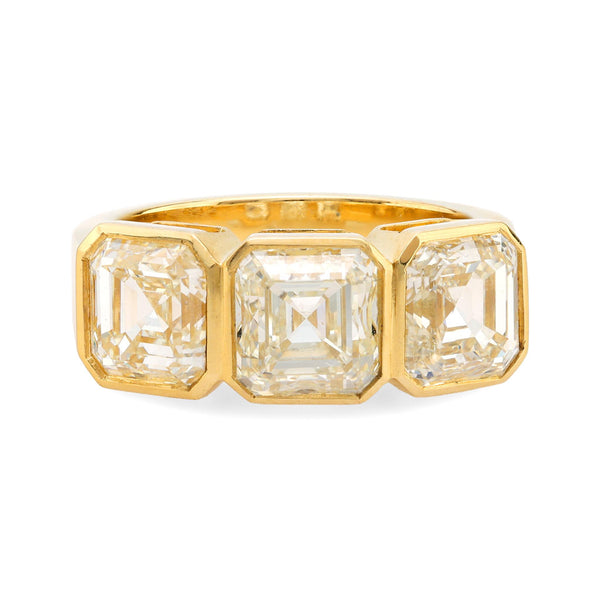 GIA 6.02 carat total weight Asscher cut diamond 18k yellow gold three stone ring Jack Weir & Sons