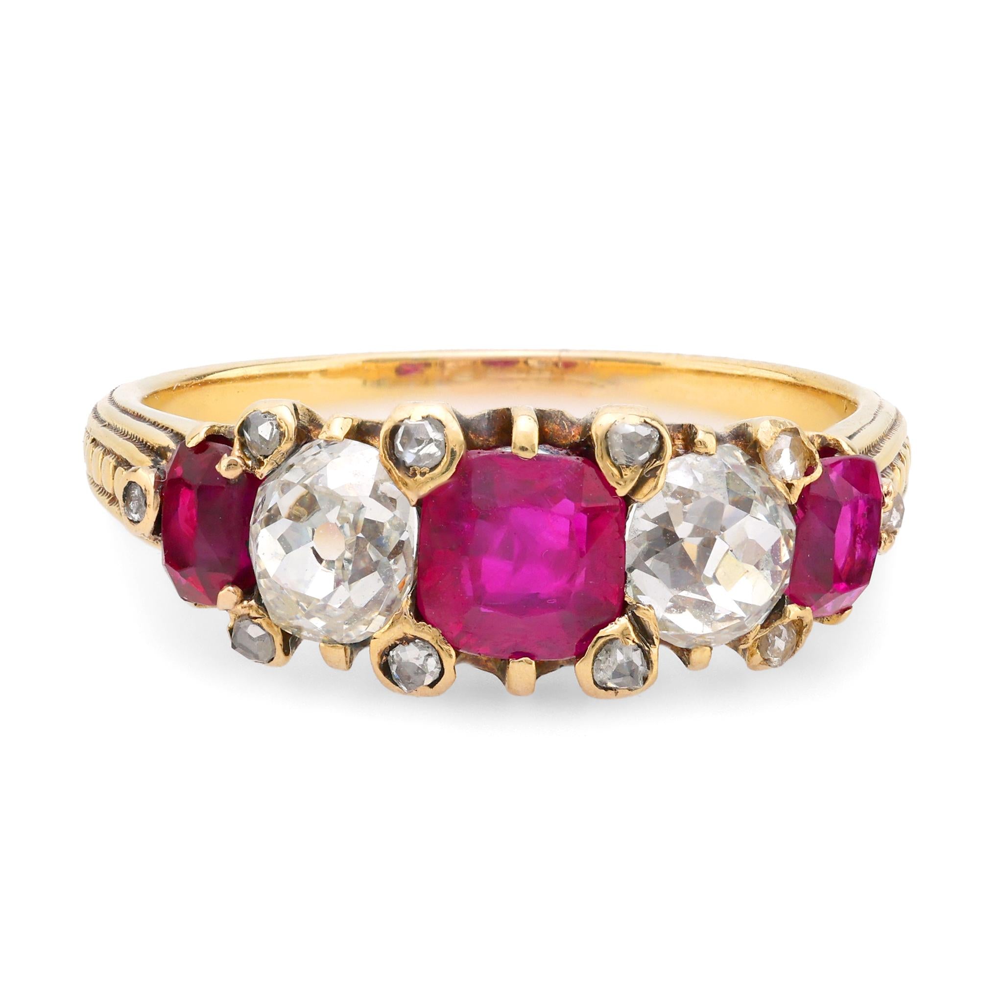 Victorian French GIA 1.20 carat total weight ruby diamond 18k yellow gold ring Jack Weir & Sons