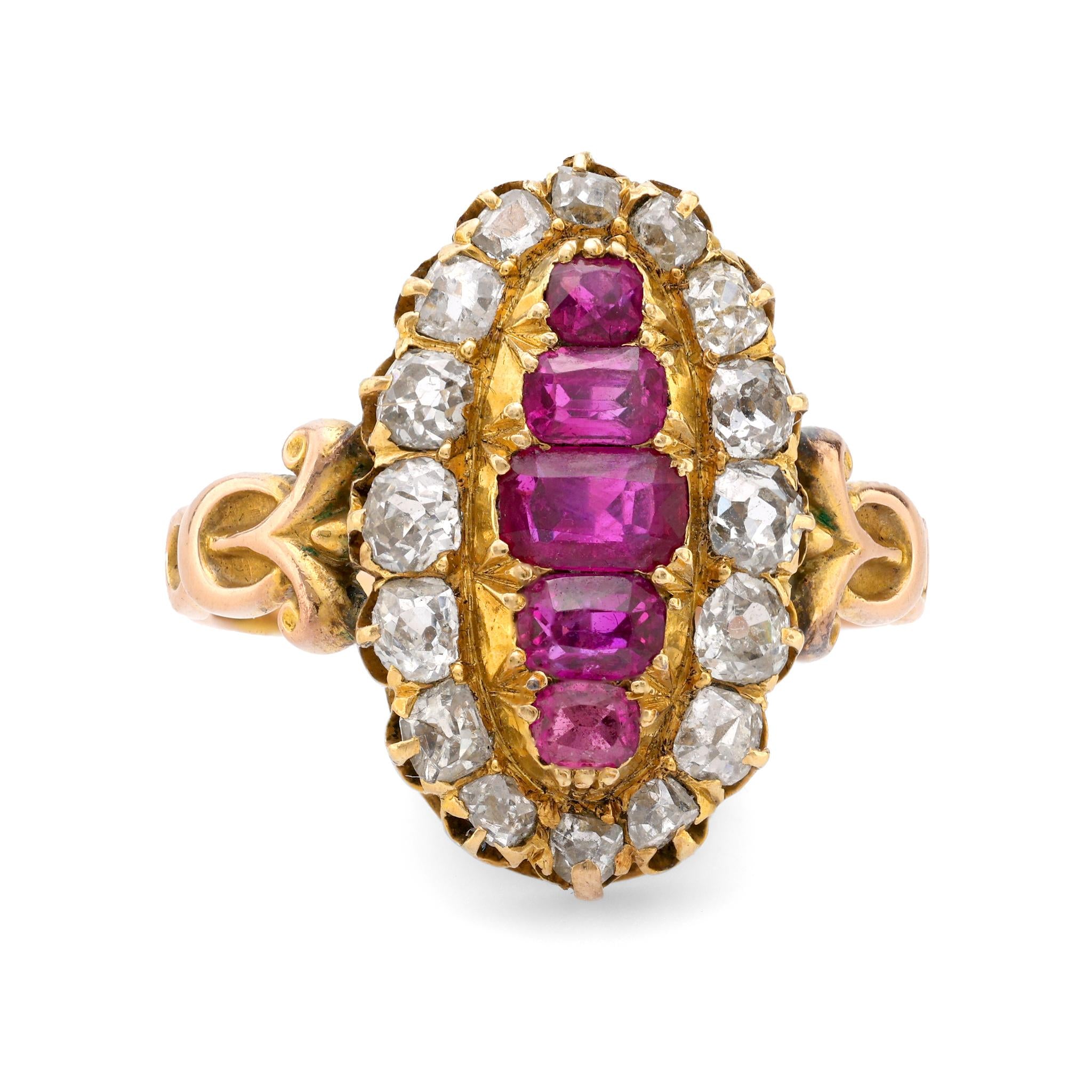 Antique 2.40 carat ruby and diamond 18k yellow gold Navette ring Jack Weir & Sons