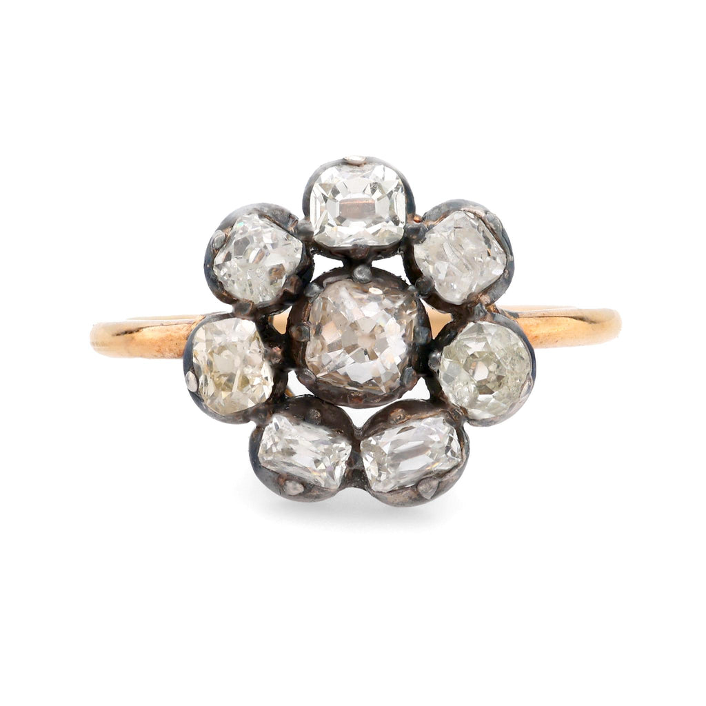 Georgian 2 carat total weight diamond 18k yellow gold silver cluster ring Jack Weir & Sons