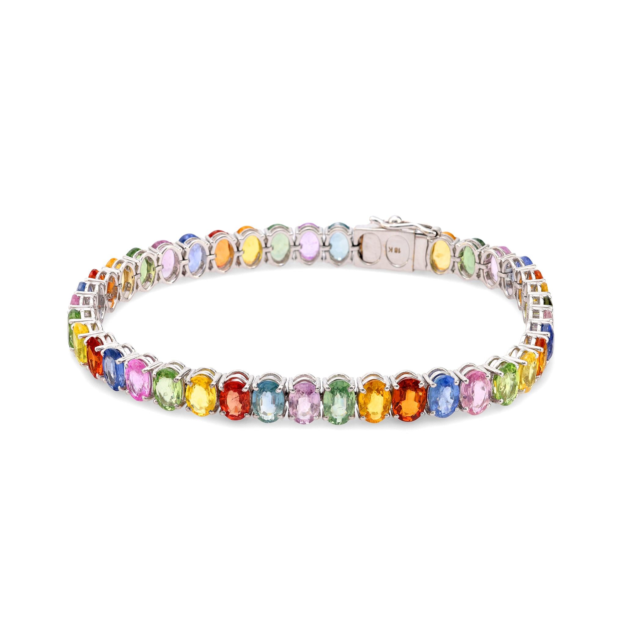 Vintage French 25 carat multicolor sapphire 18k white gold tennis bracelet Jack Weir & Sons