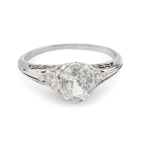 Art Deco GIA .91 carat cushion cut diamond platinum engagement filigree ring Jack Weir & Sons