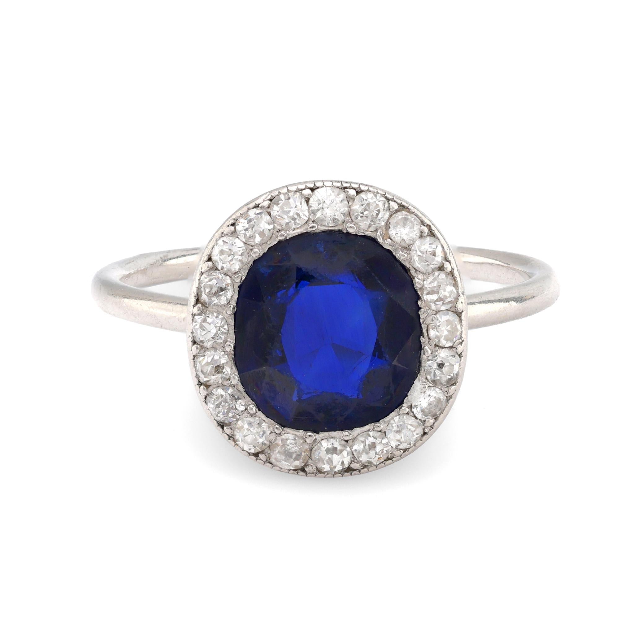 Antique French GIA 1.90 carat no heat sapphire diamond platinum halo ring