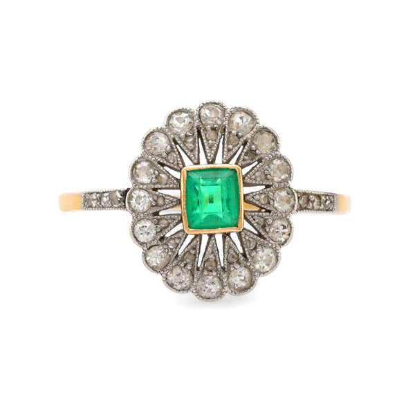 Edwardian emerald diamond 18k yellow gold ring signed Koch Koch