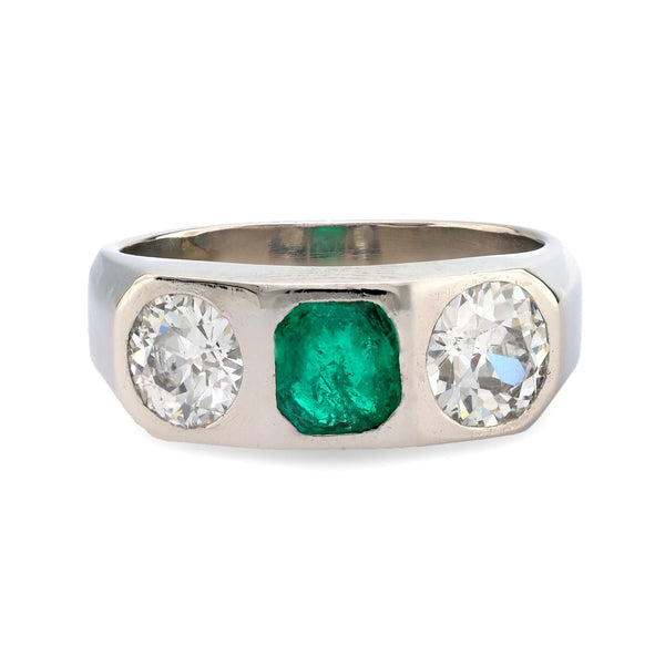 Mid Century French 2.30 carat emerald and diamond platinum three stone band Jack Weir & Sons