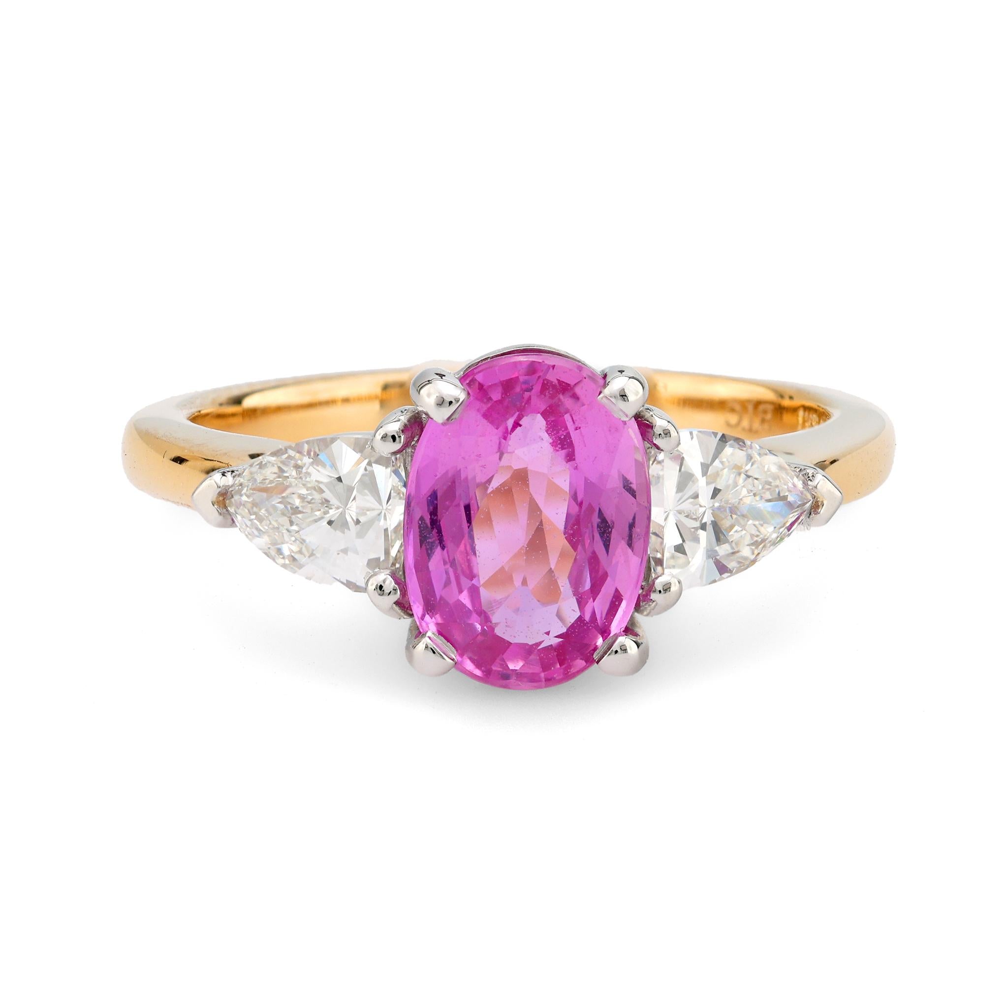 GIA 2 carat pink sapphire diamond 18k yellow gold three stone ring Jack Weir & Sons