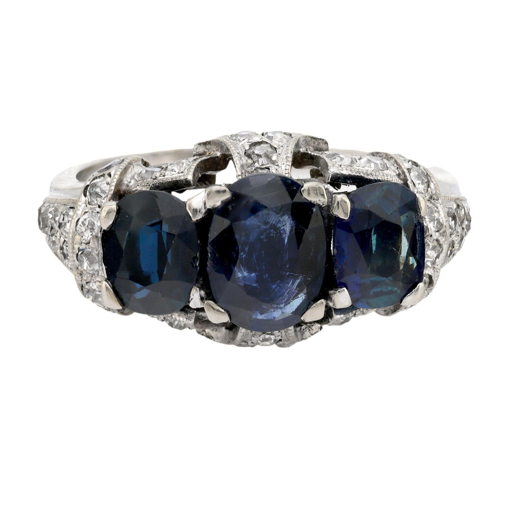 Art Deco 3.20 carat total weight sapphire diamond 14k white gold ring Jack Weir & Sons