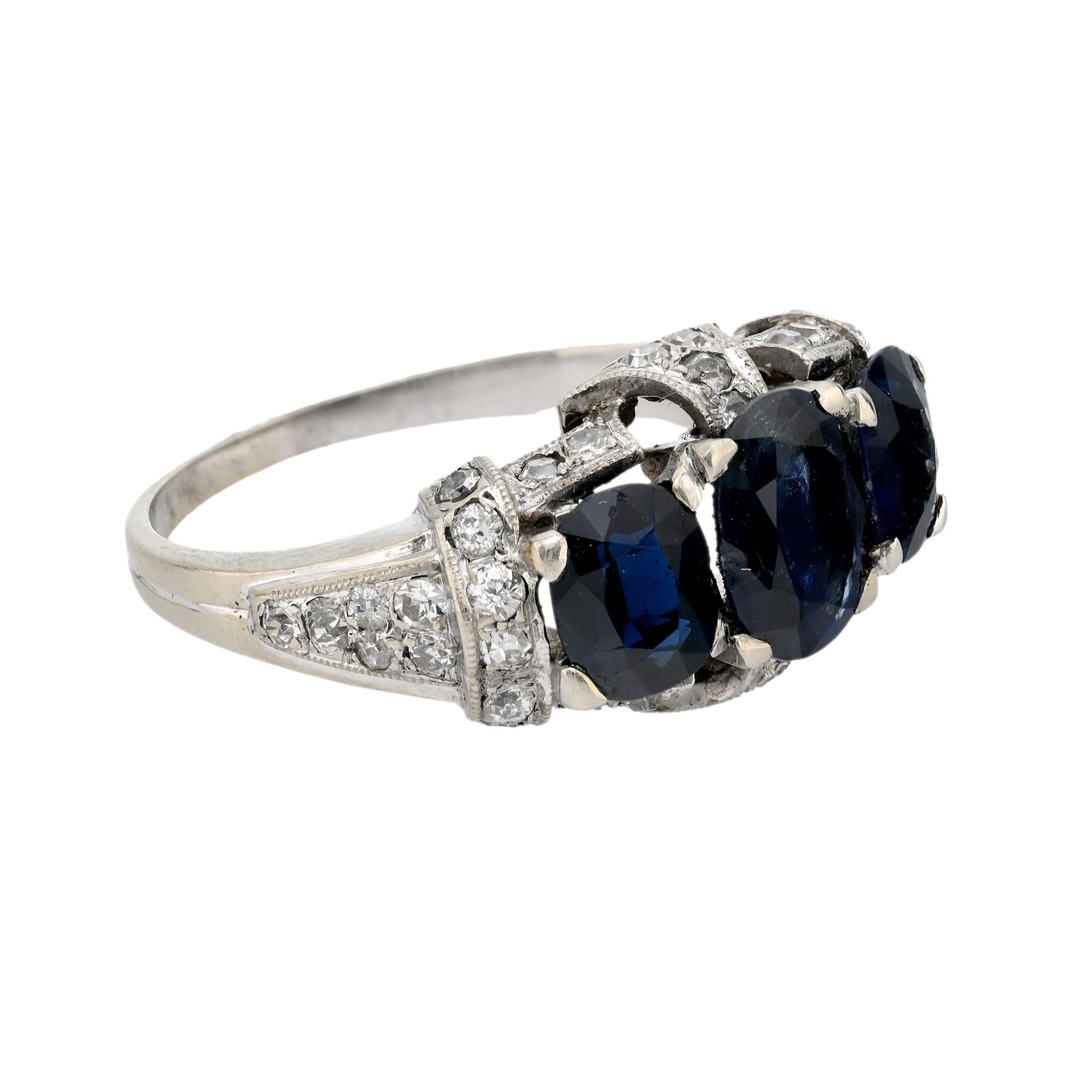 Art Deco 3.20 carat total weight sapphire diamond 14k white gold ring Jack Weir & Sons