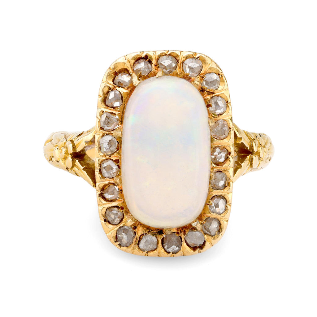 Victorian 2.30 carat opal diamond 18k yellow gold halo ring