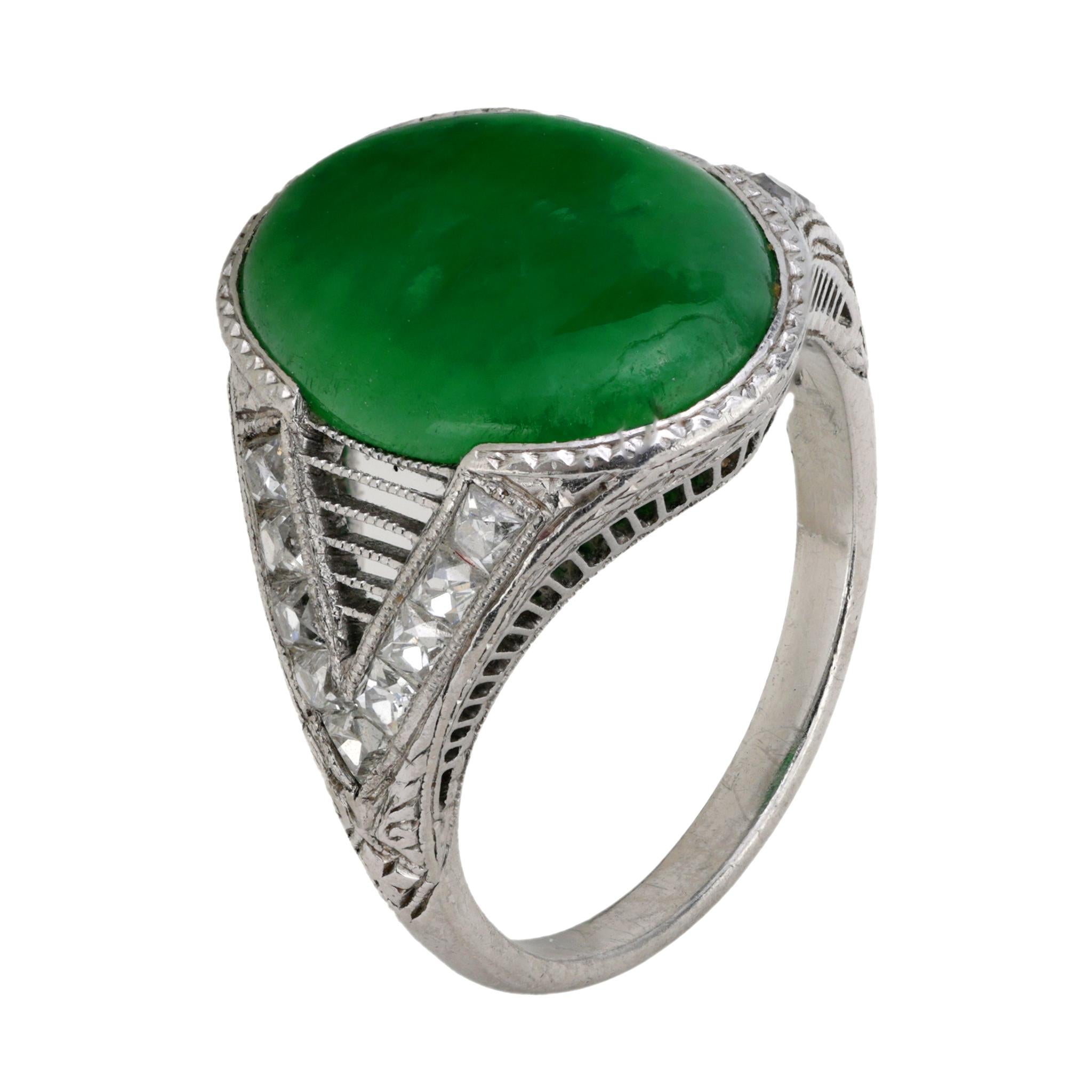 Art Deco GIA 3 carat jade French cut diamond platinum ring