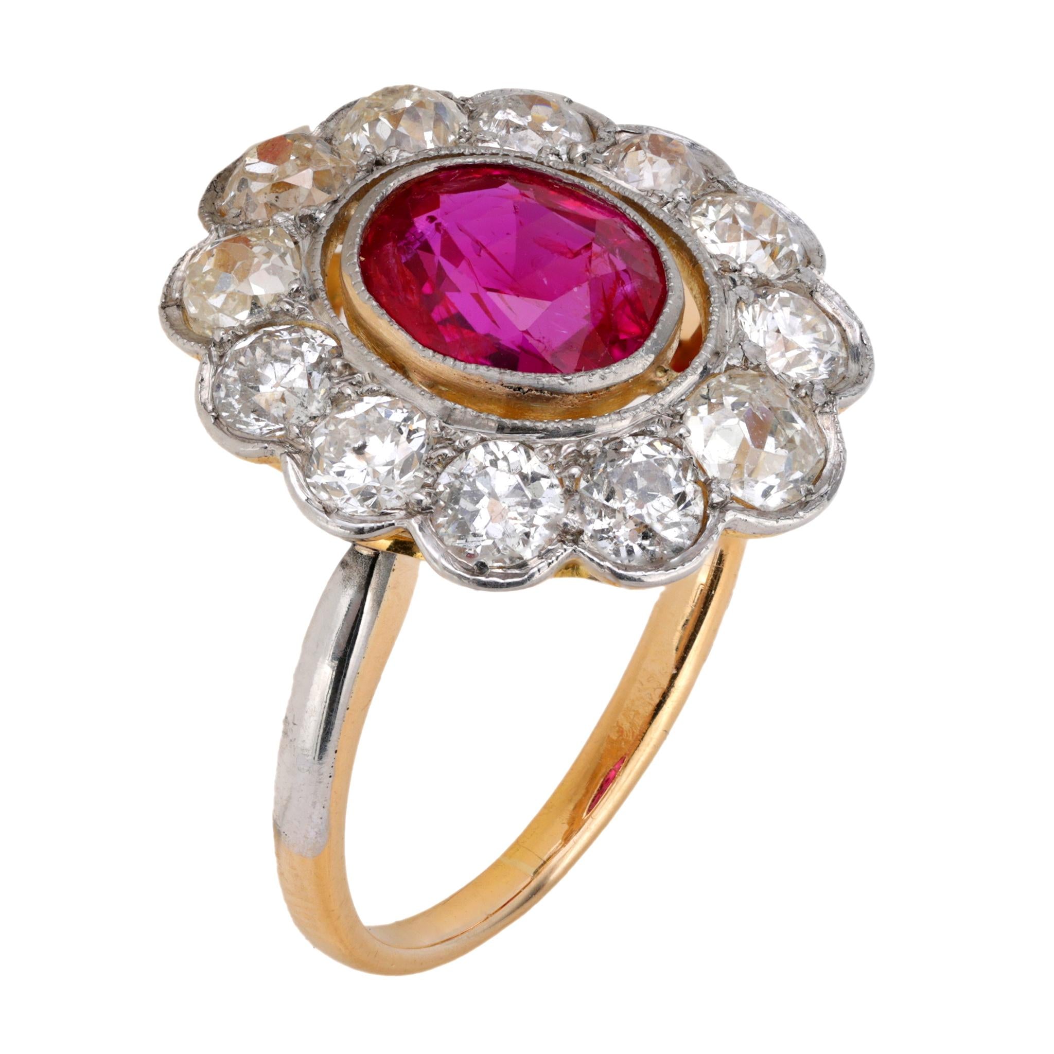 Victorian GIA 1.60 carat Burma no heat ruby diamond cluster ring